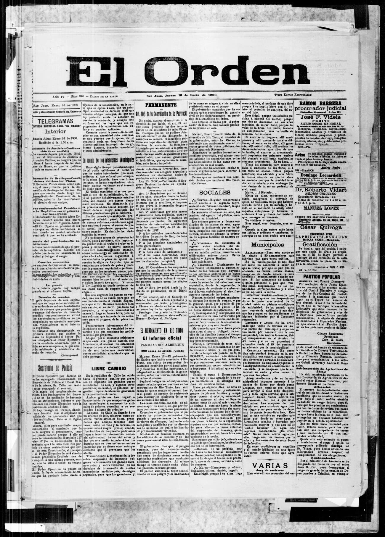 Portada · 16 de Enero de 1908