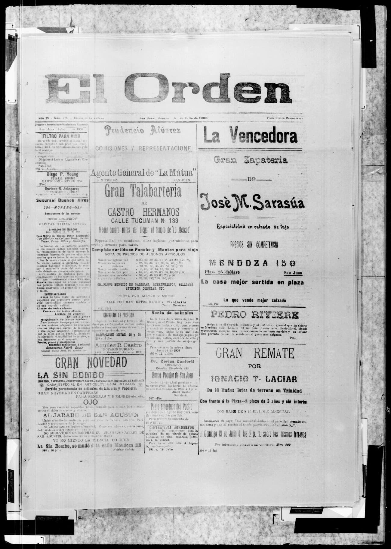 Tapa de El Orden · 9 de Julio de 1908