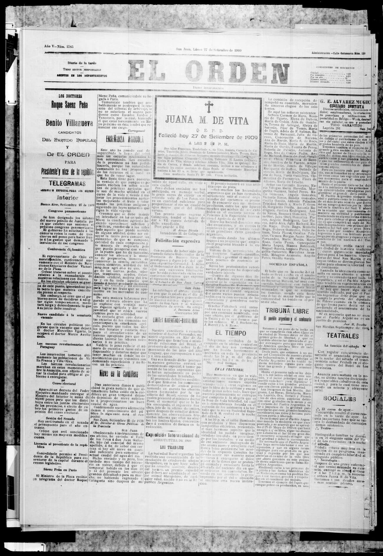 Portada · 27 de Septiembre de 1909