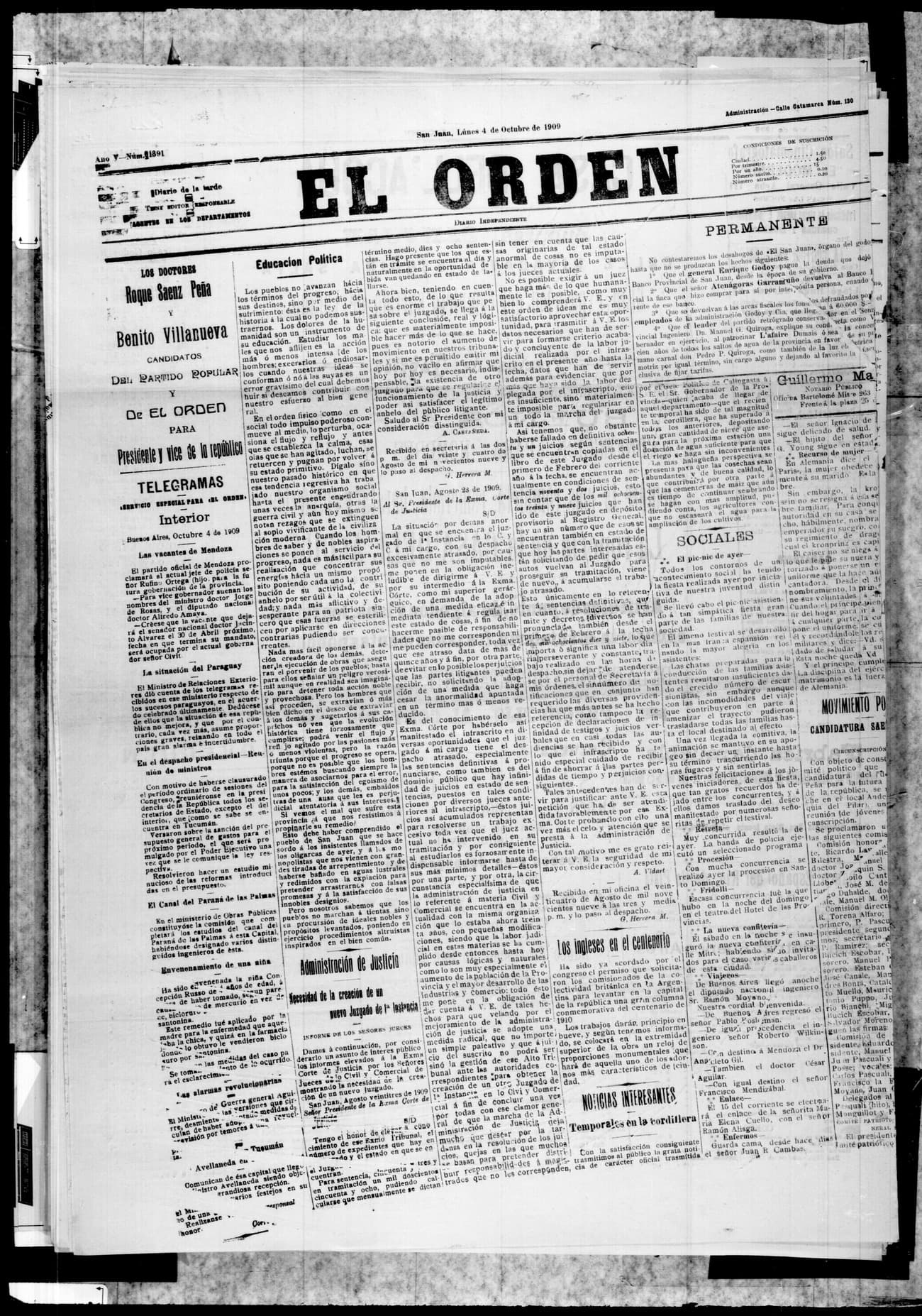 Portada · 4 de Octubre de 1909