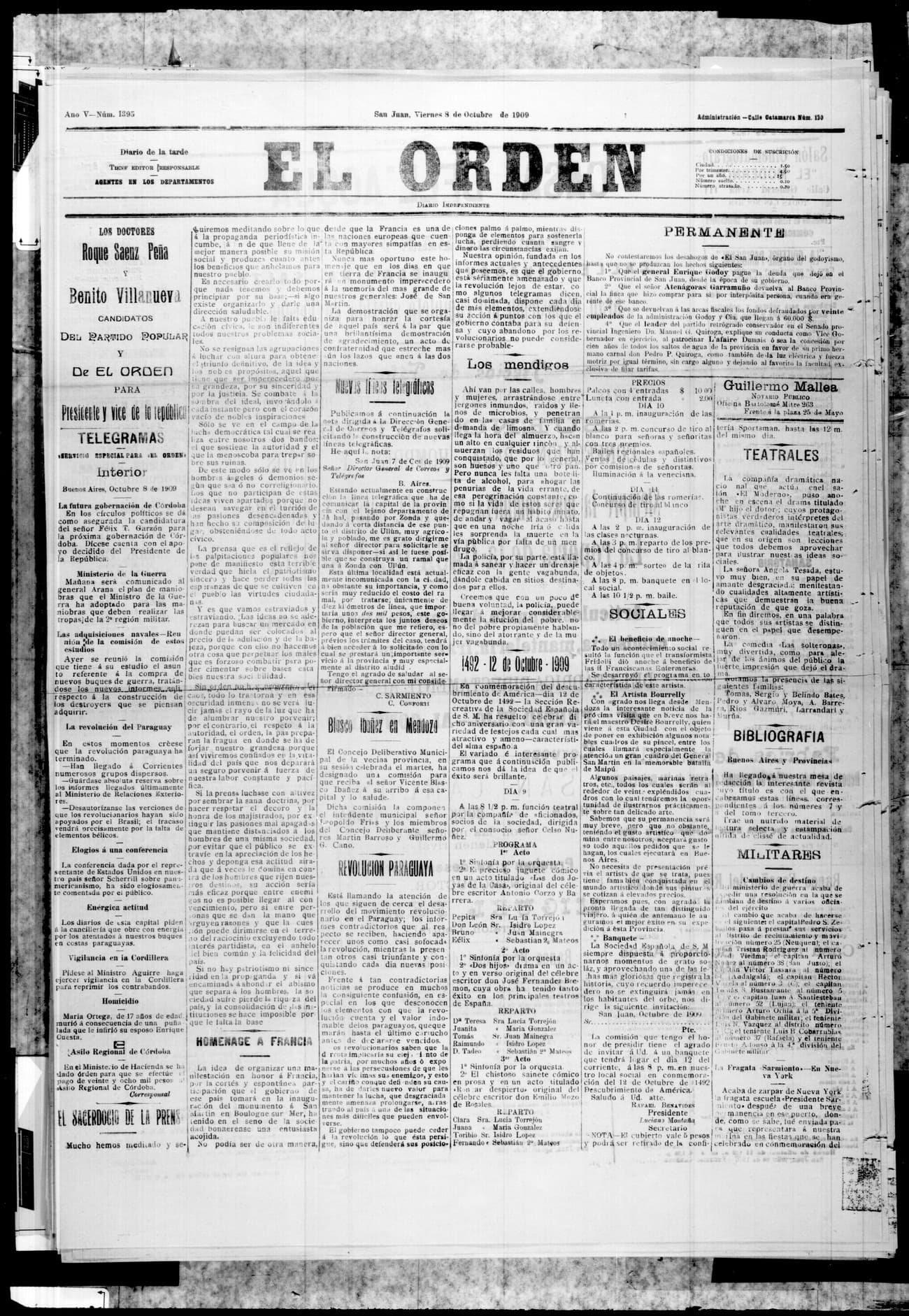 Portada · 8 de Octubre de 1909