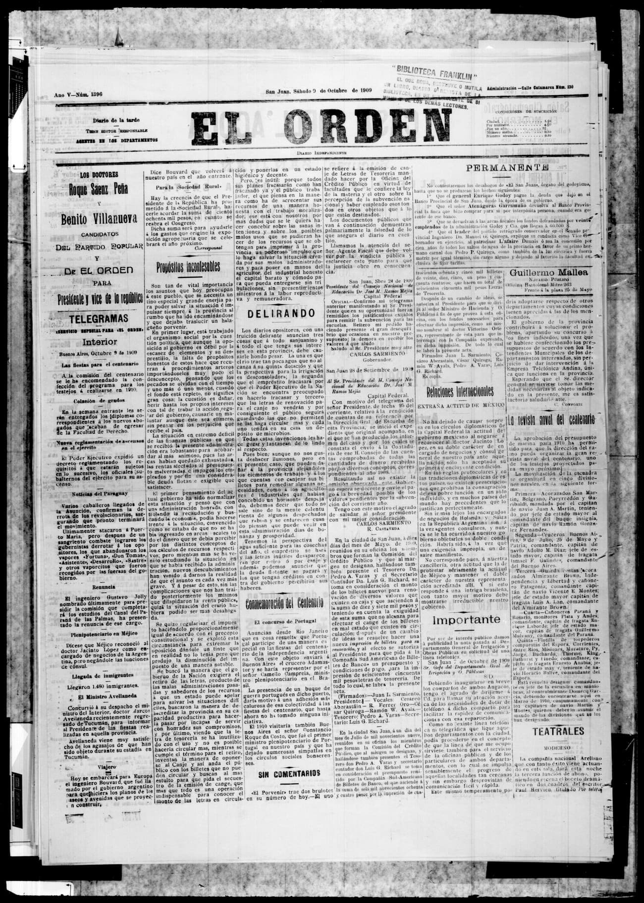Portada · 9 de Octubre de 1909