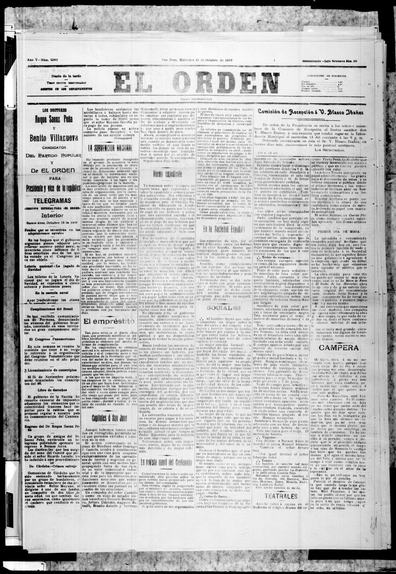 Portada · 13 de Octubre de 1909