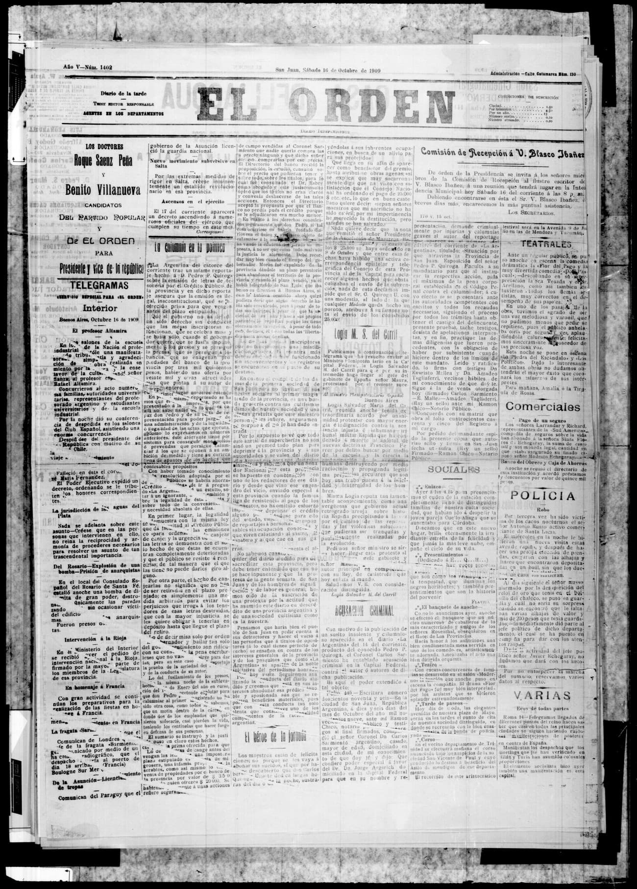 Portada · 16 de Octubre de 1909