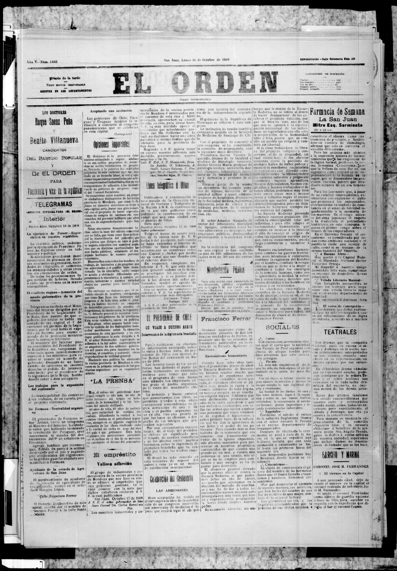 Portada · 18 de Octubre de 1909