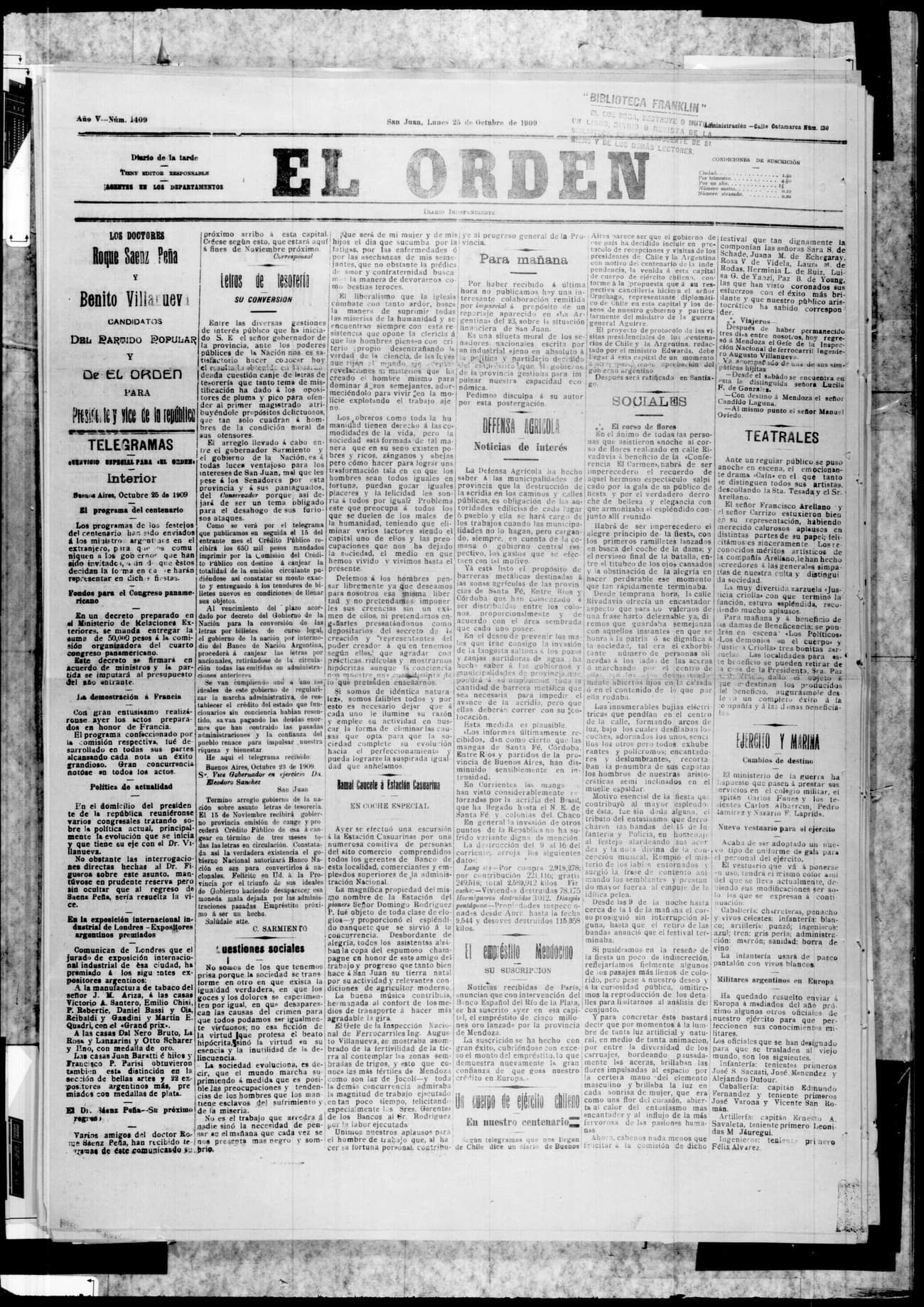 Portada · 25 de Octubre de 1909
