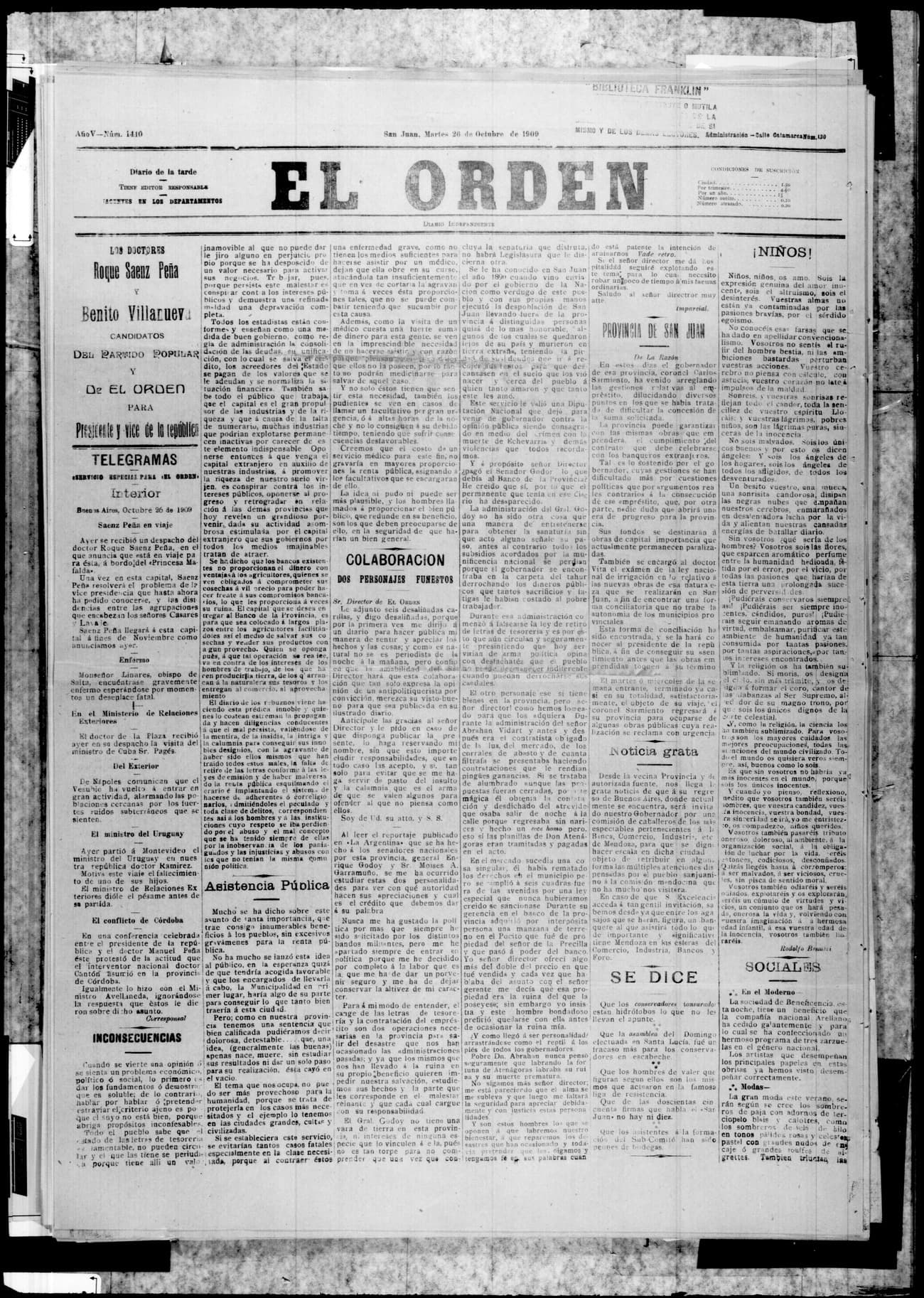 Portada · 26 de Octubre de 1909