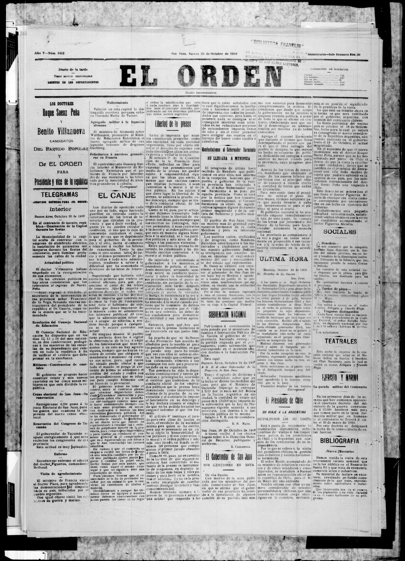 Portada · 28 de Octubre de 1909