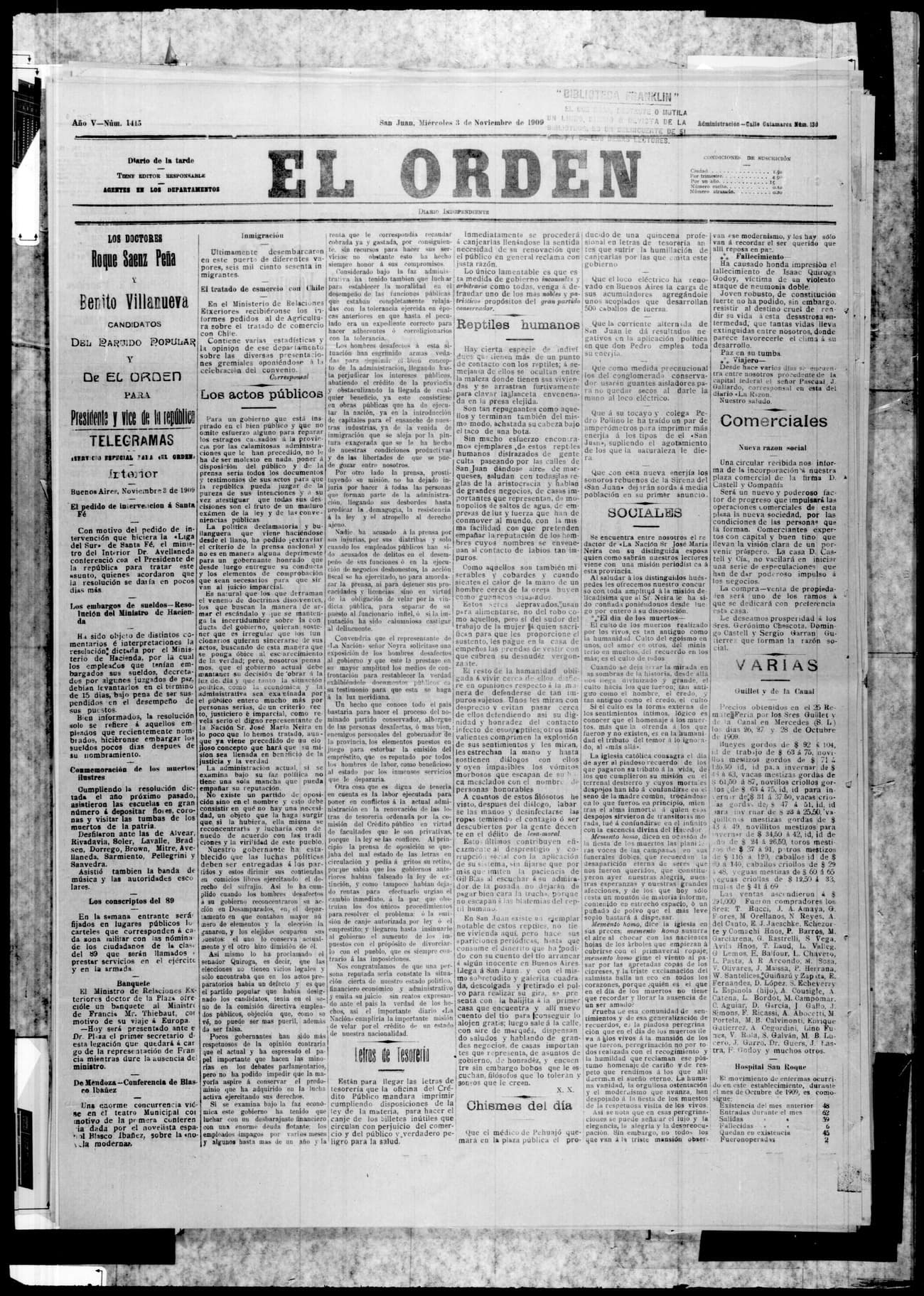 Portada · 3 de Noviembre de 1909