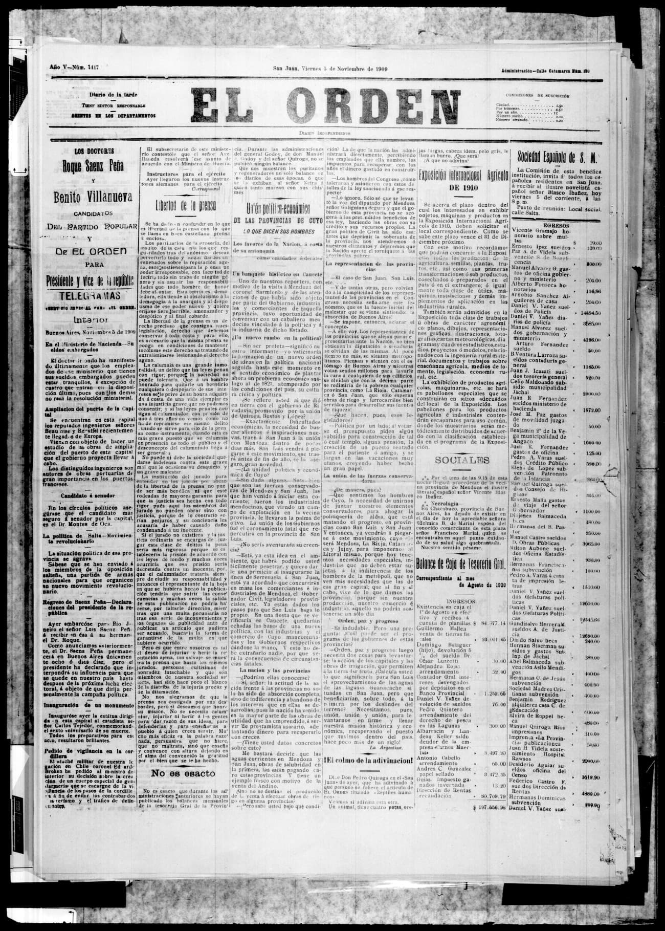 Portada · 5 de Noviembre de 1909