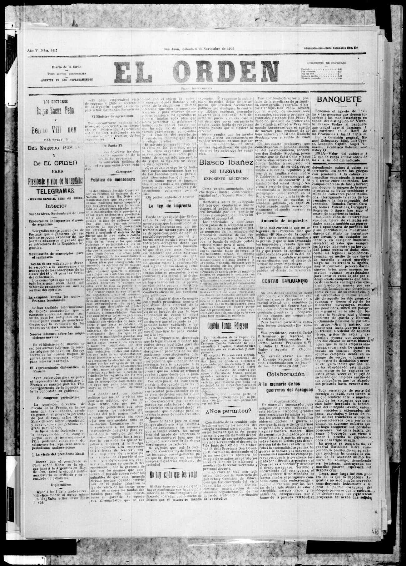 Portada · 6 de Noviembre de 1909