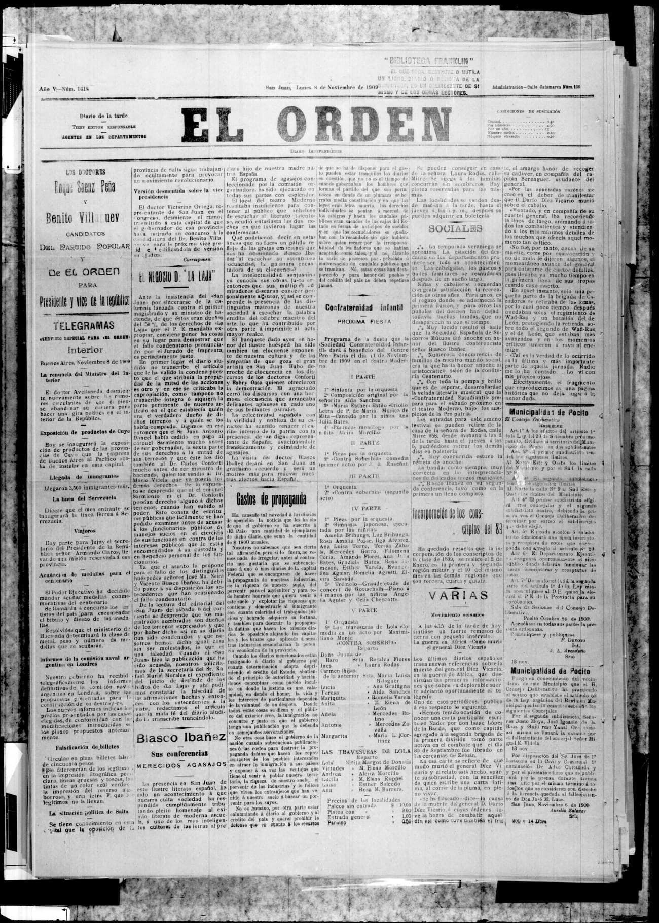 Portada · 8 de Noviembre de 1909
