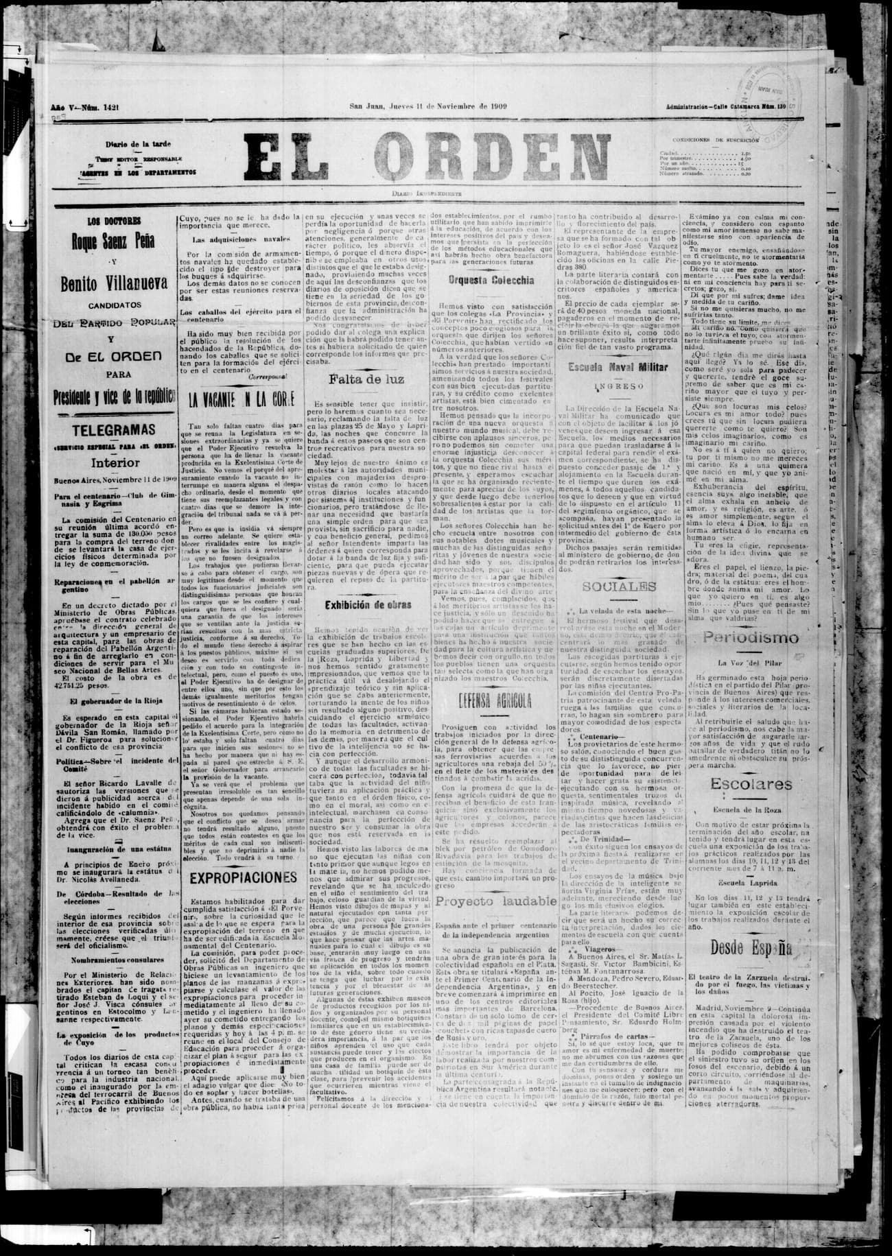 Portada · 11 de Noviembre de 1909