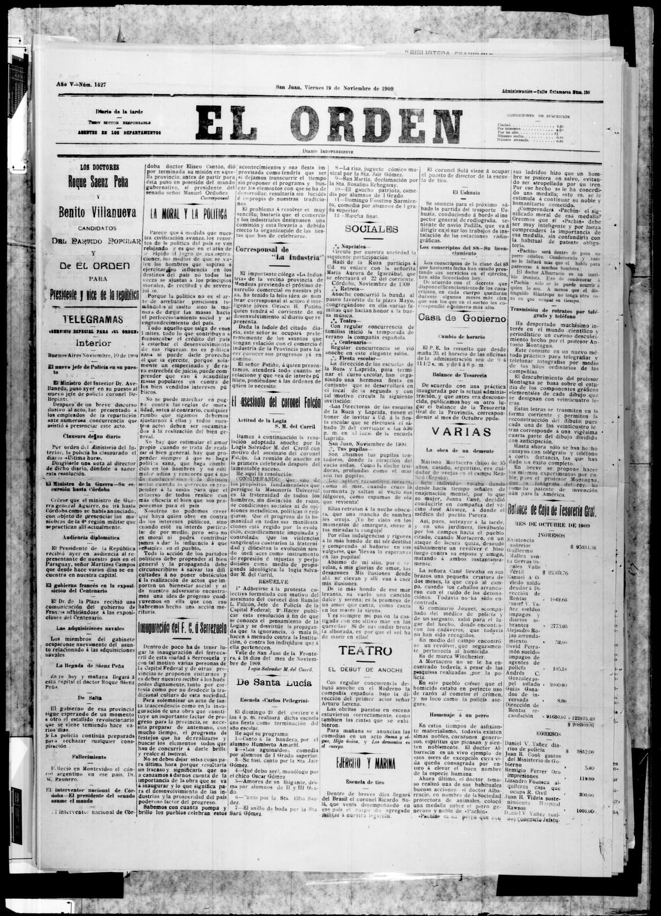 Portada · 19 de Noviembre de 1909