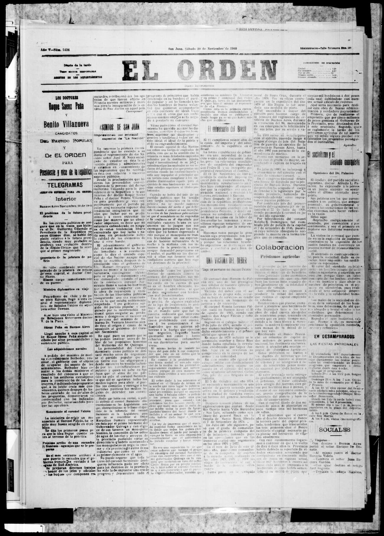 Portada · 20 de Noviembre de 1909