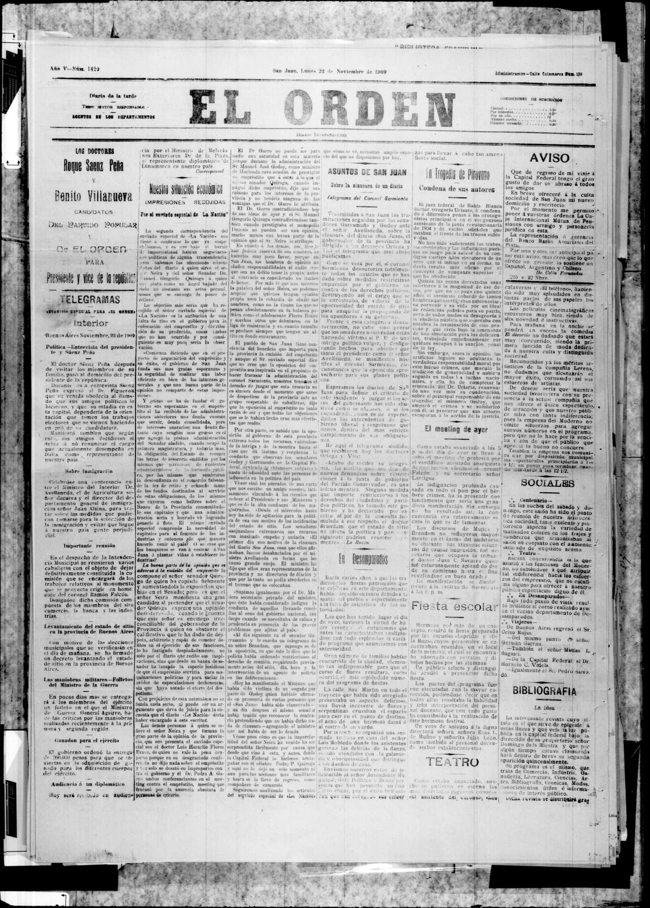 Portada · 22 de Noviembre de 1909