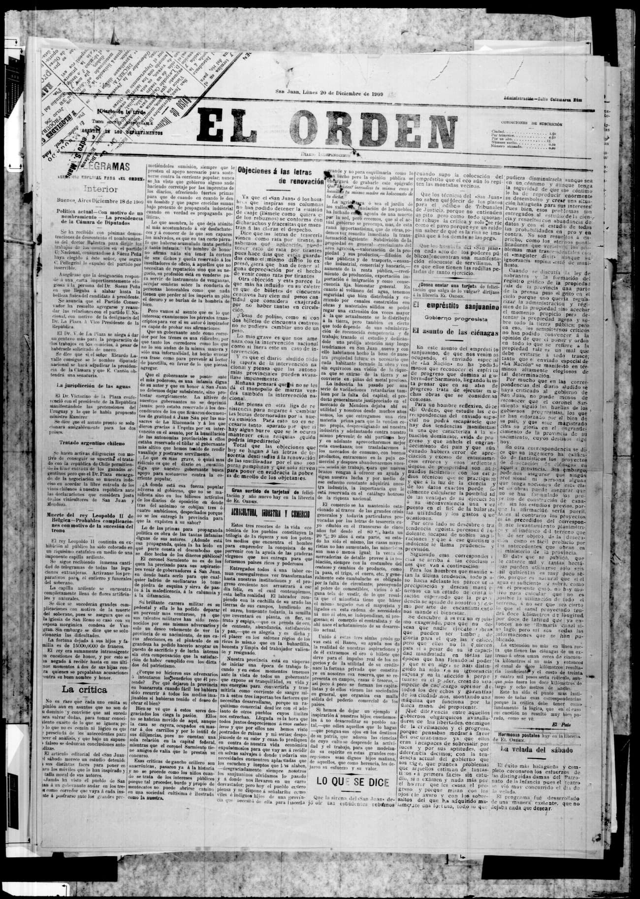 Portada · 20 de Diciembre de 1909