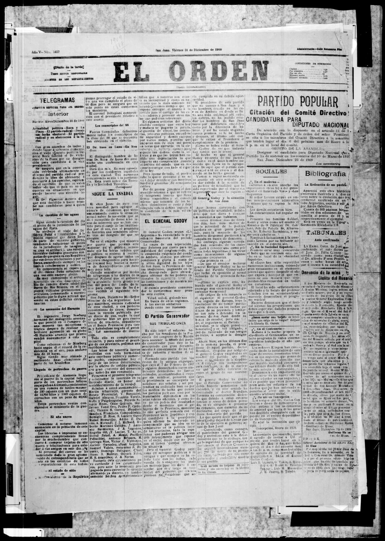 Portada · 31 de Diciembre de 1909