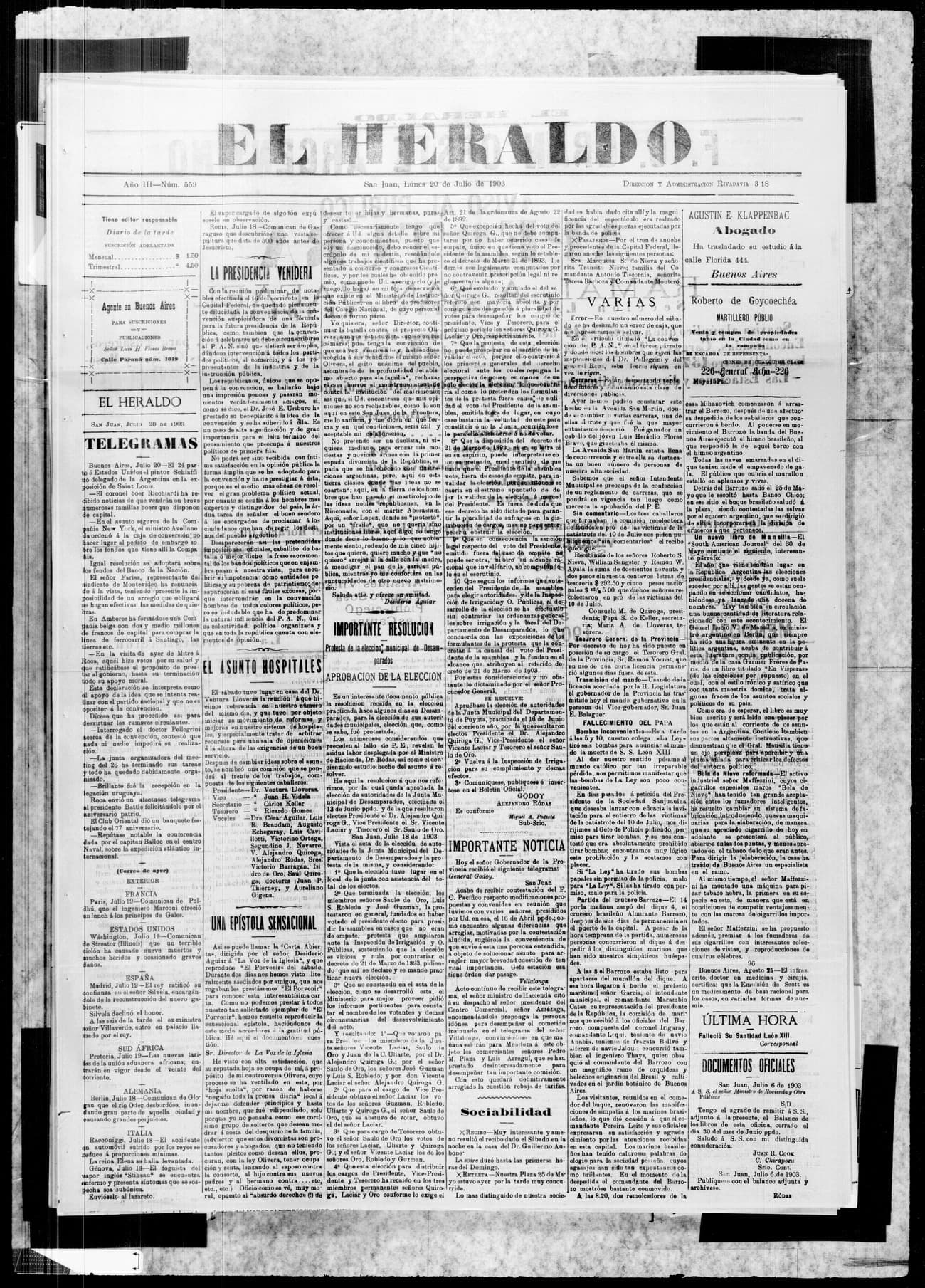 Portada · 20 de Julio de 1903
