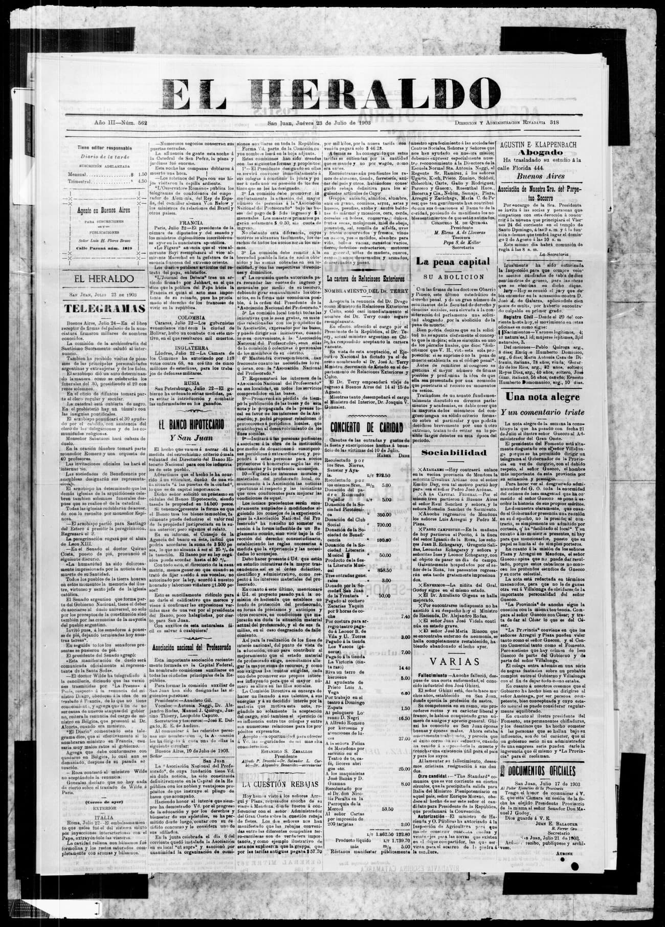 Portada · 23 de Julio de 1903