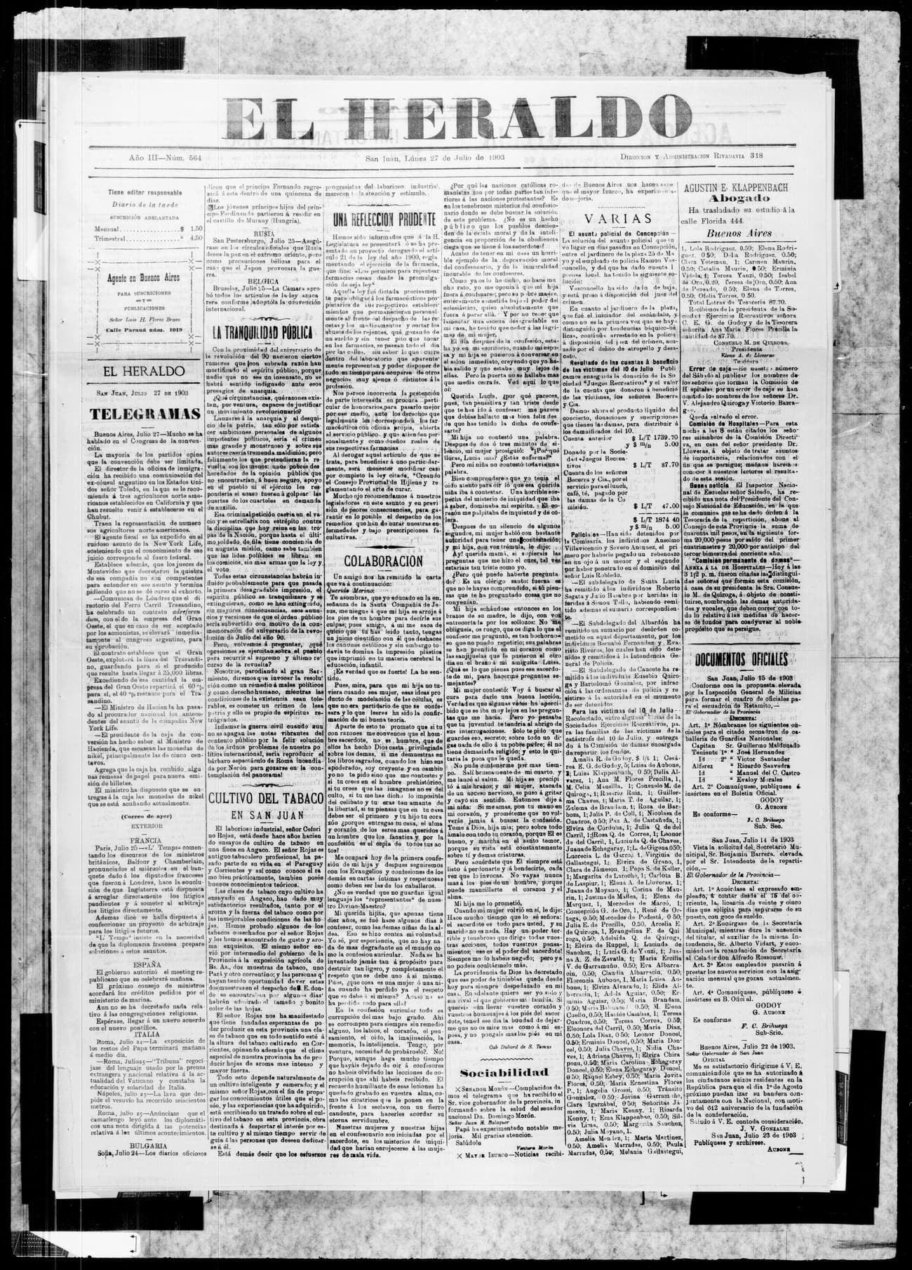 Portada · 27 de Julio de 1903