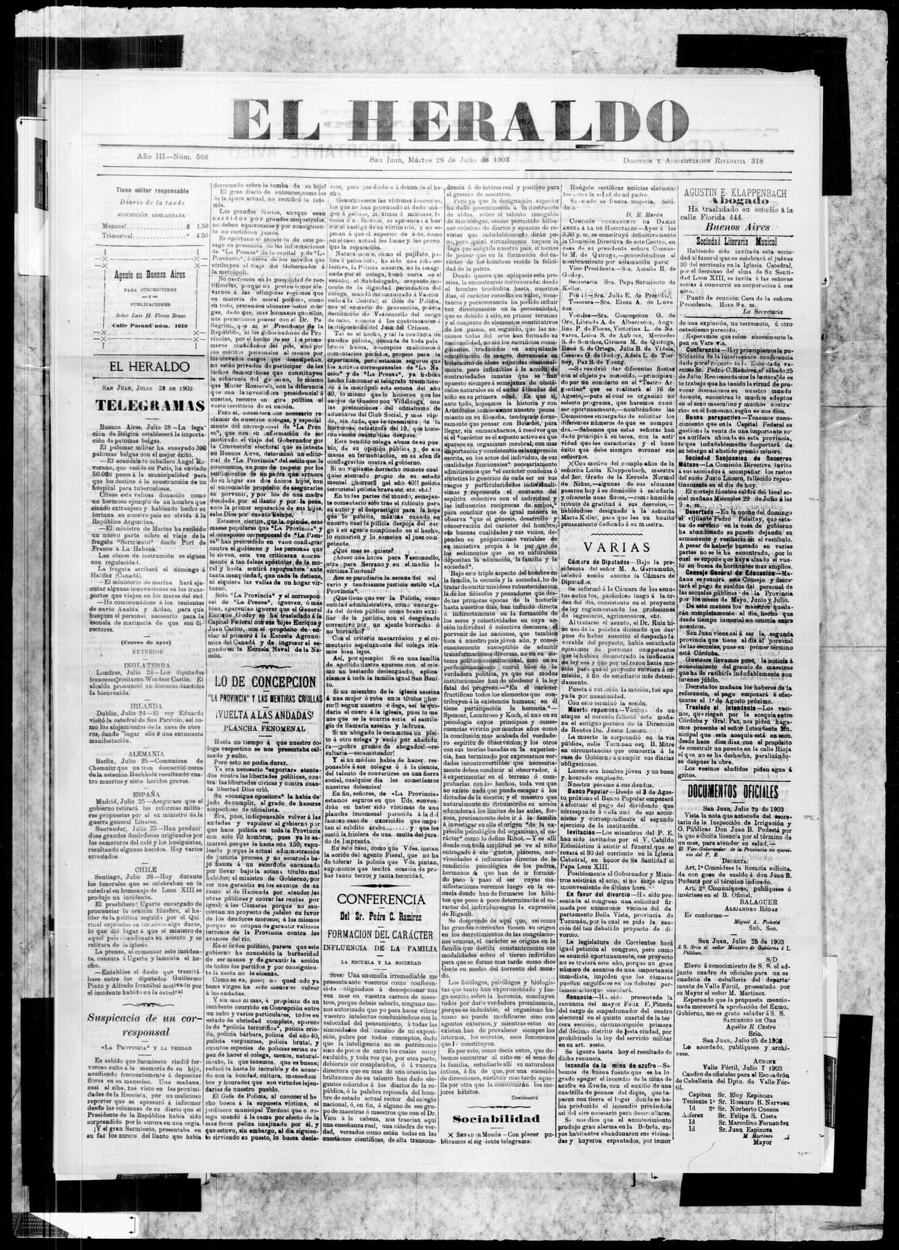 Portada · 28 de Julio de 1903