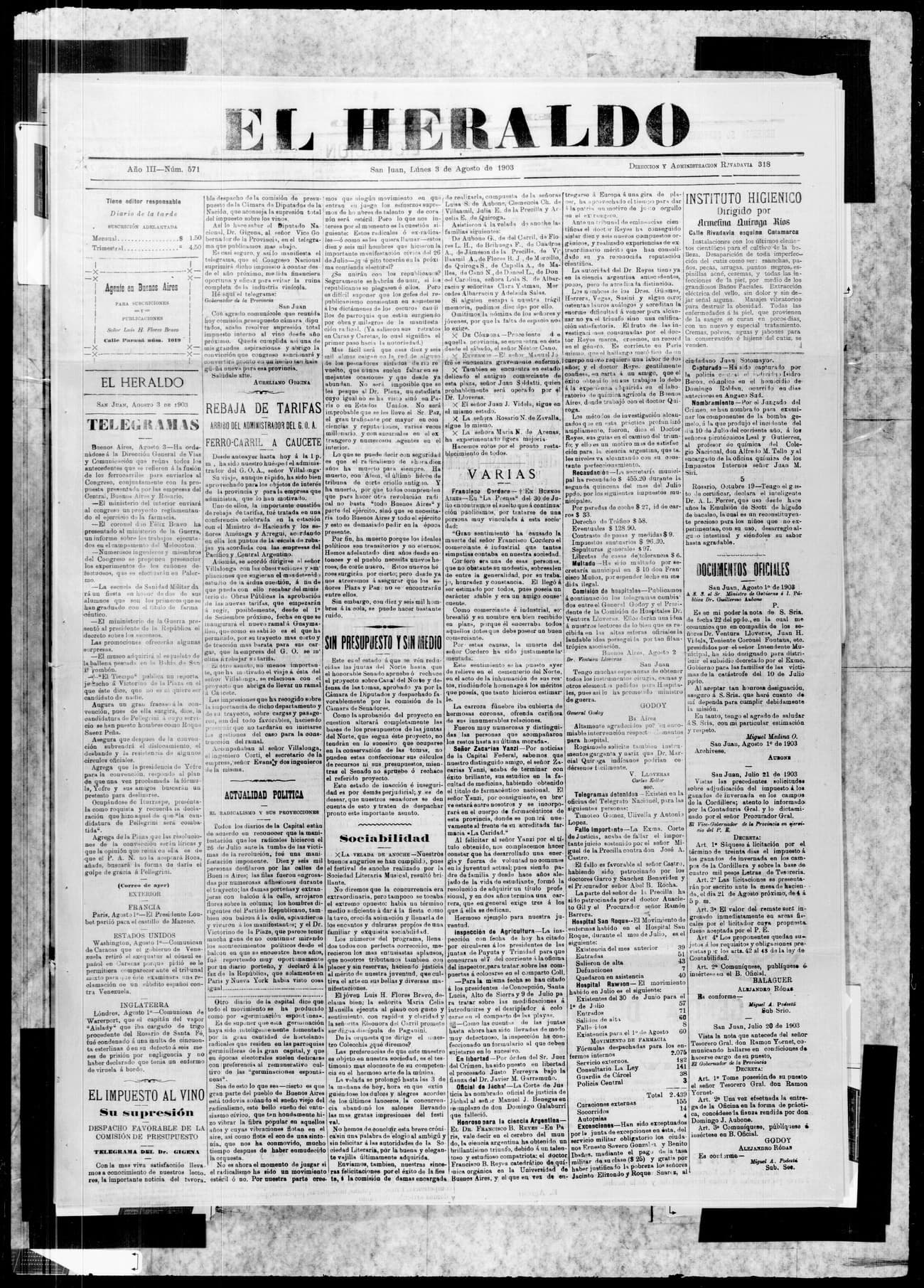 Portada · 3 de Agosto de 1903