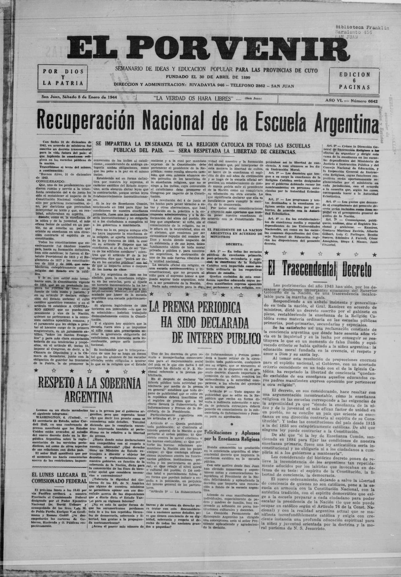 Portada de El Porvenir