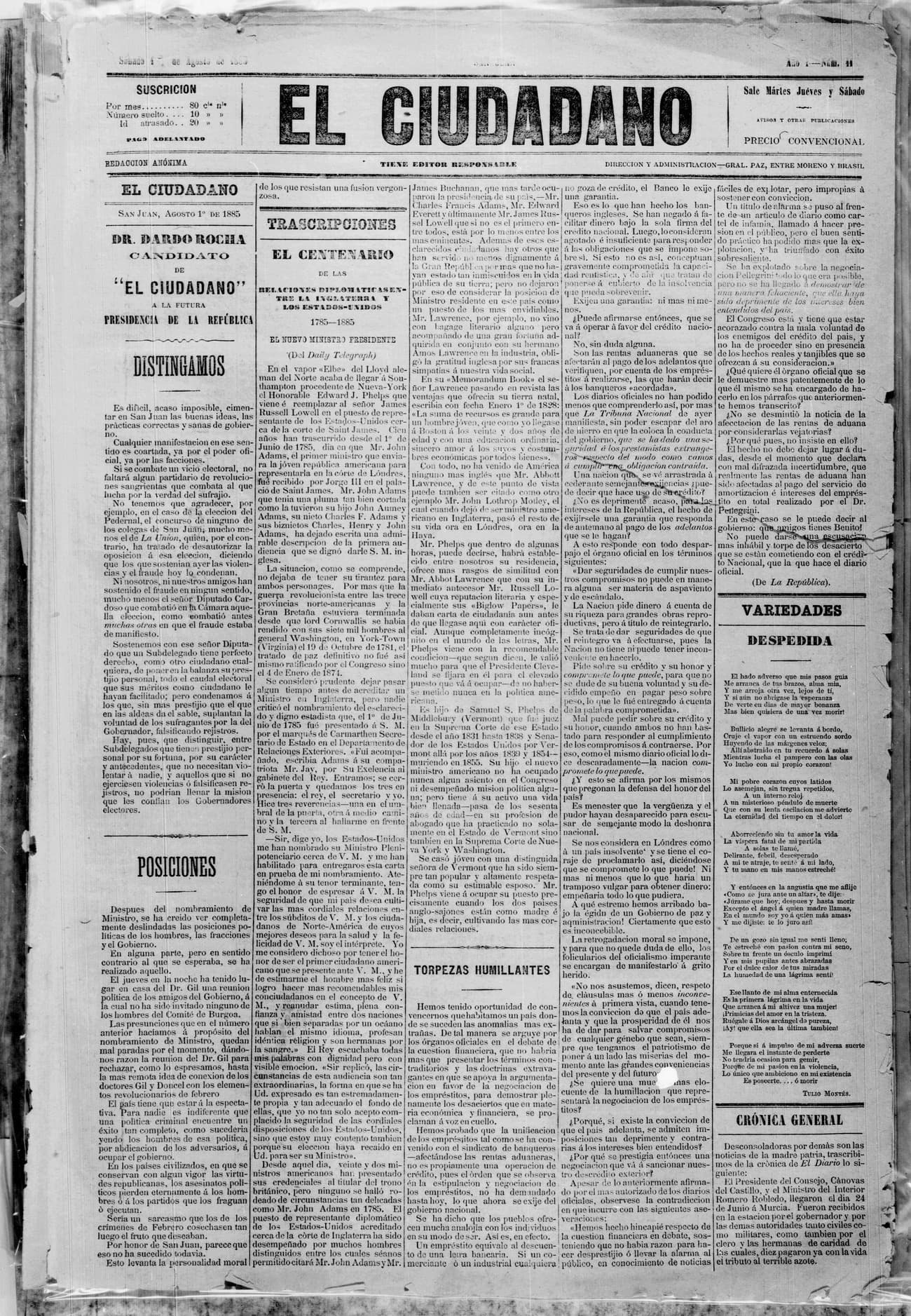 Portada · 1 de Agosto de 1885