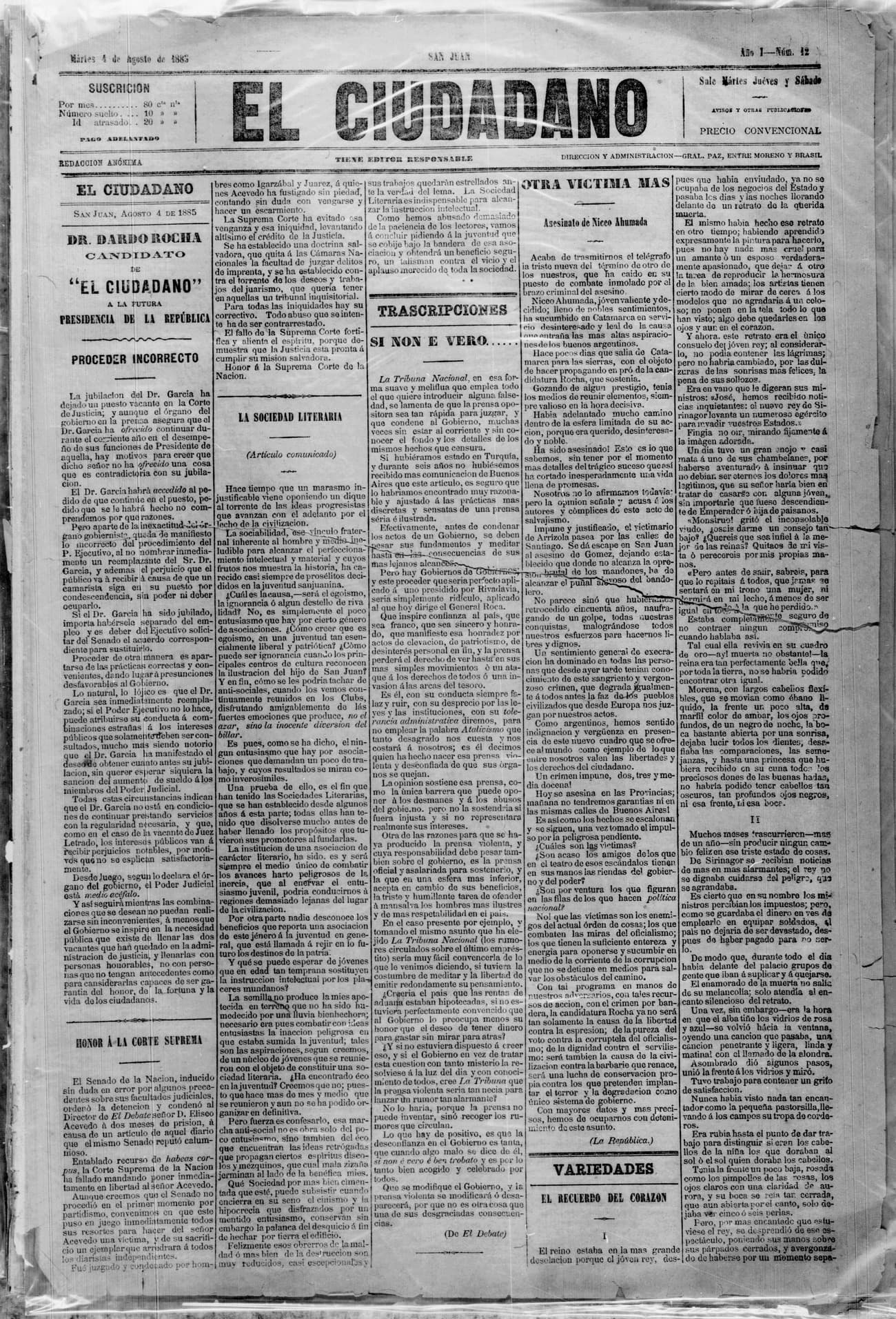 Portada · 4 de Agosto de 1885