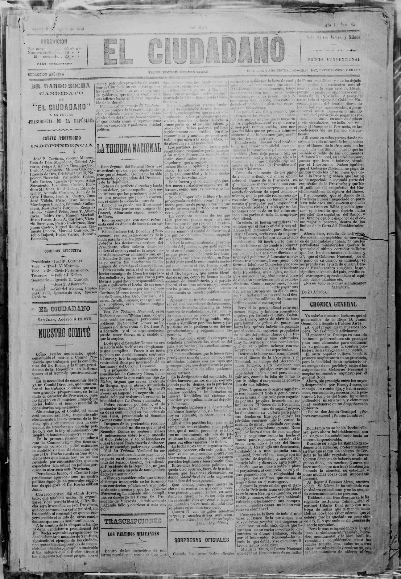 Portada · 6 de Agosto de 1885