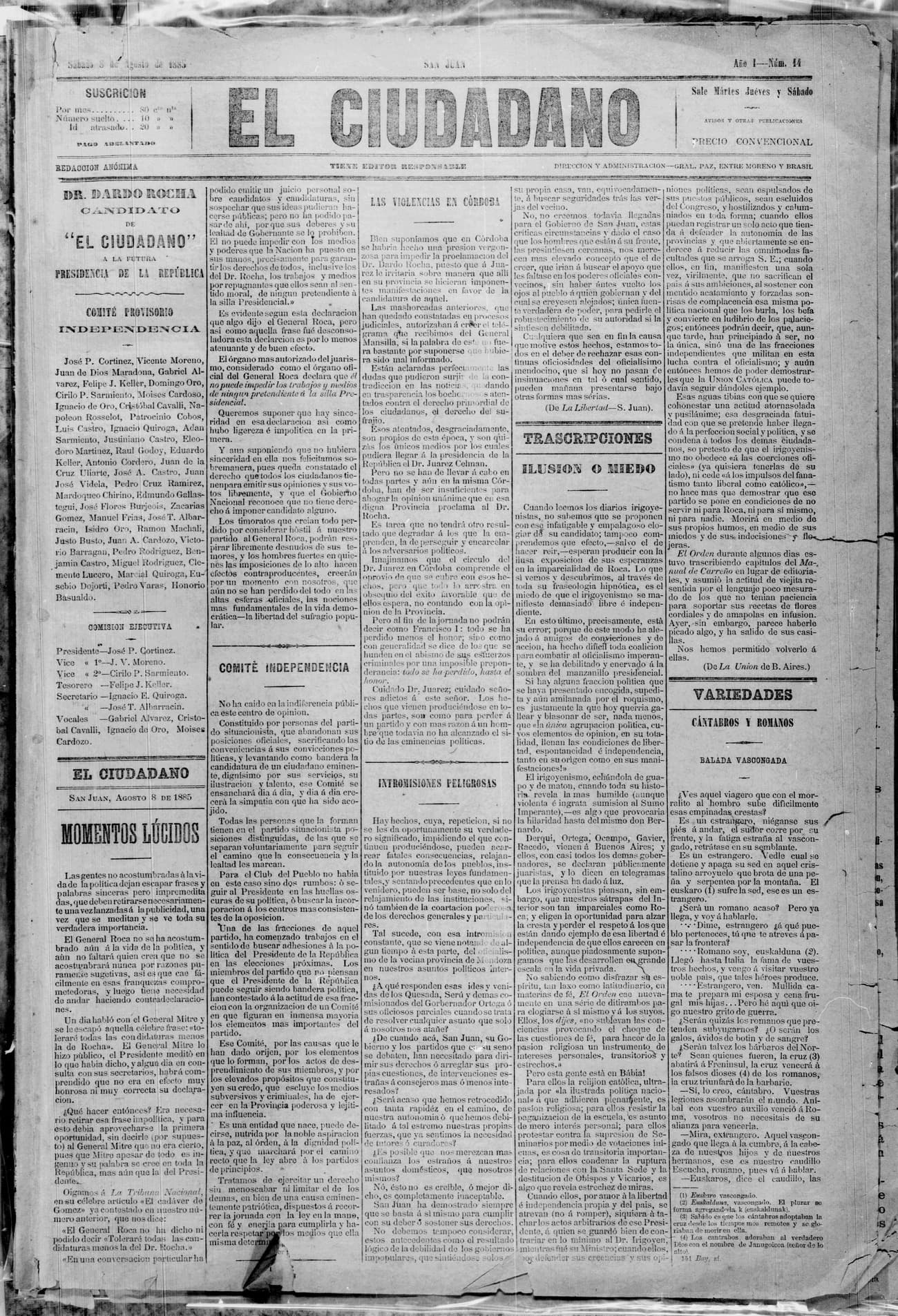 Portada · 8 de Agosto de 1885