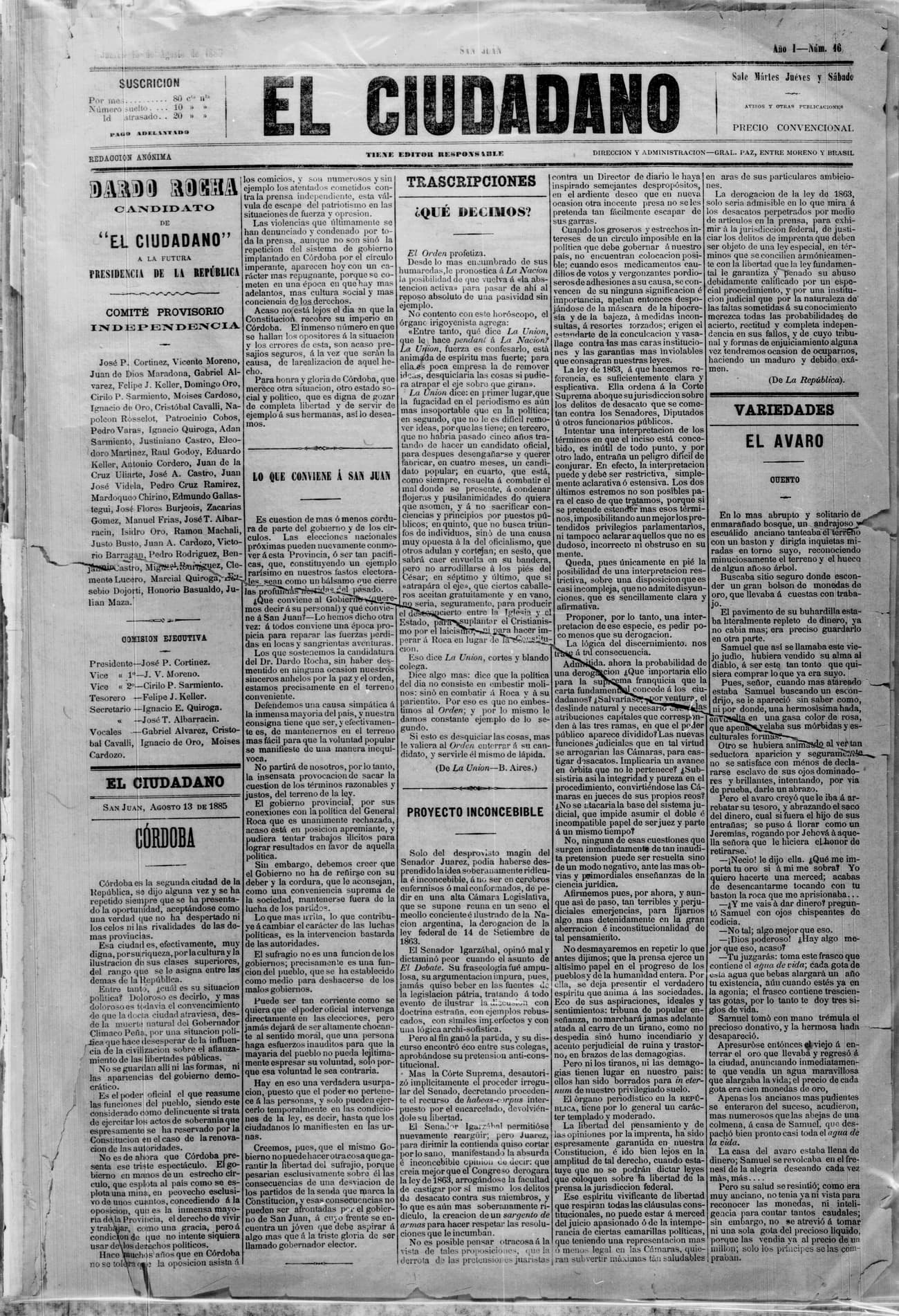 Portada · 13 de Agosto de 1885