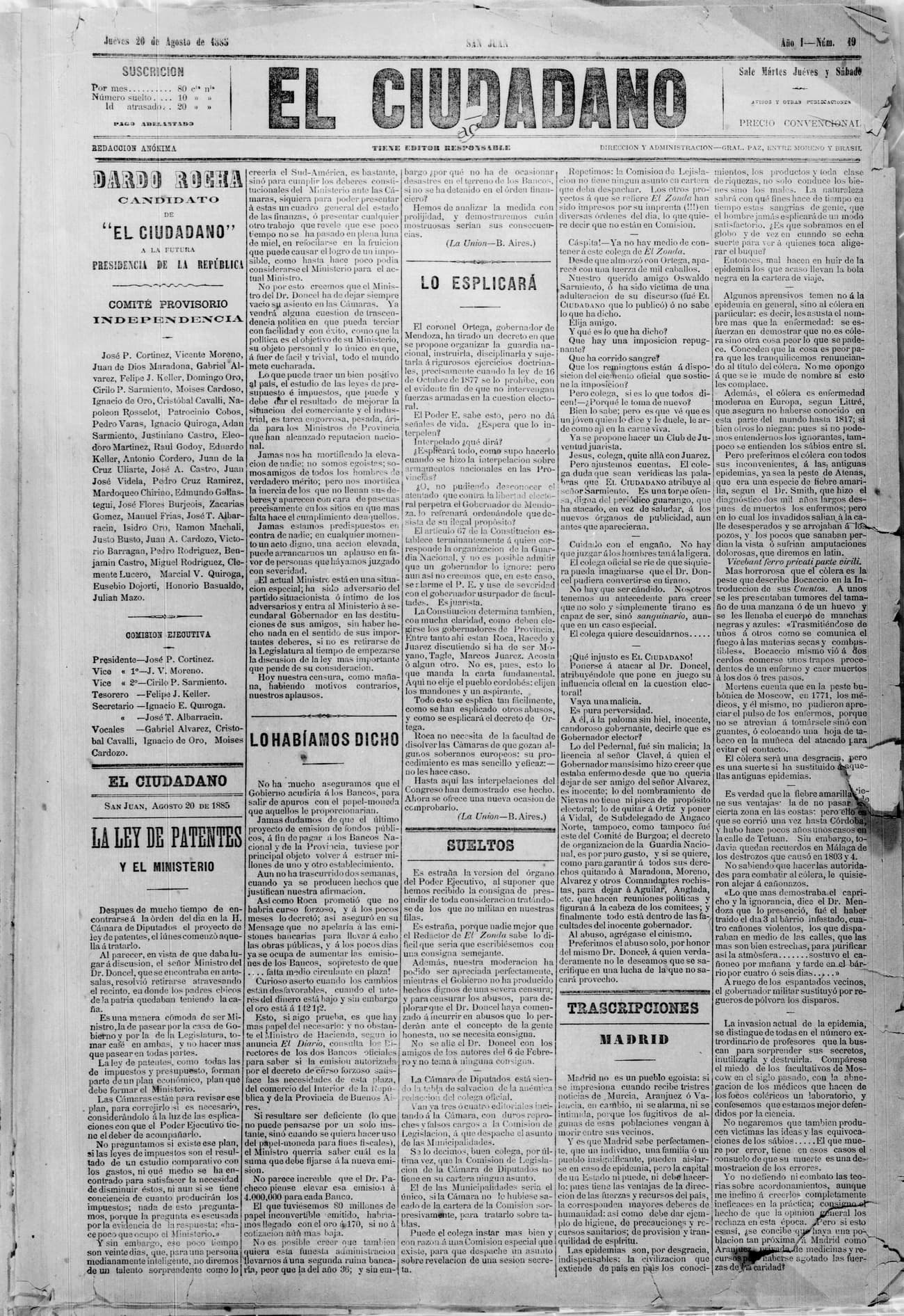 Portada · 20 de Agosto de 1885