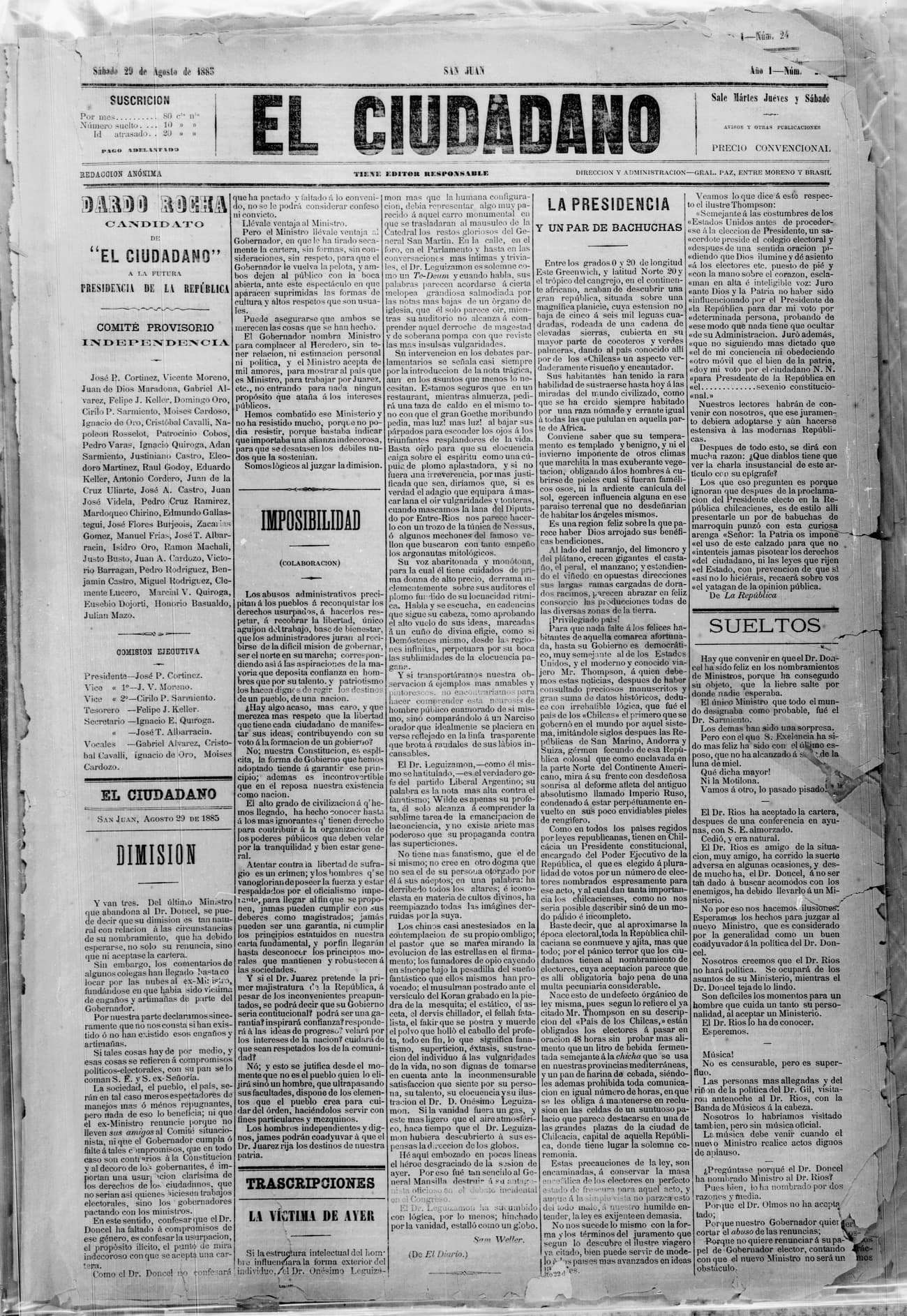 Portada · 29 de Agosto de 1885