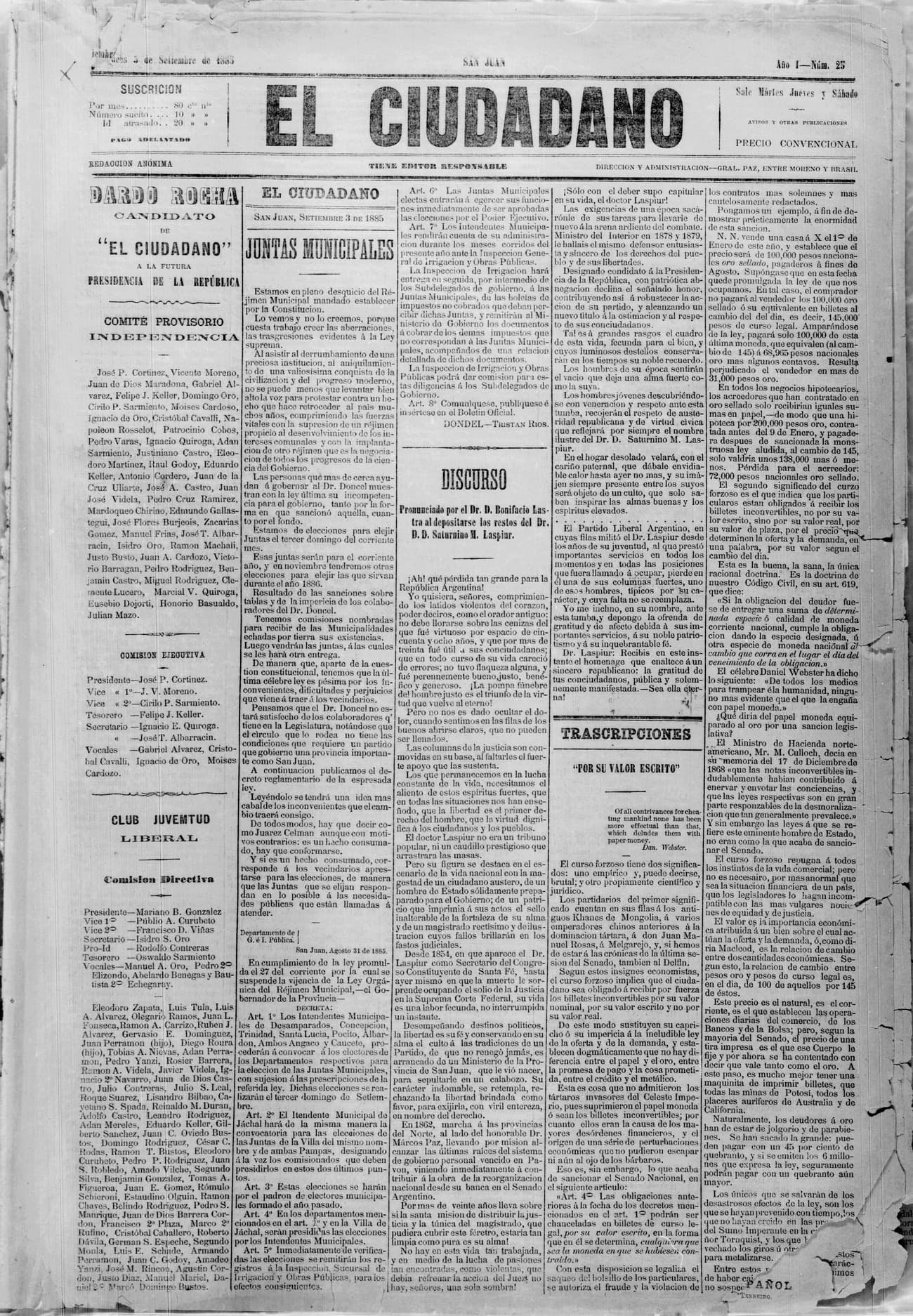 Portada · 3 de Septiembre de 1885
