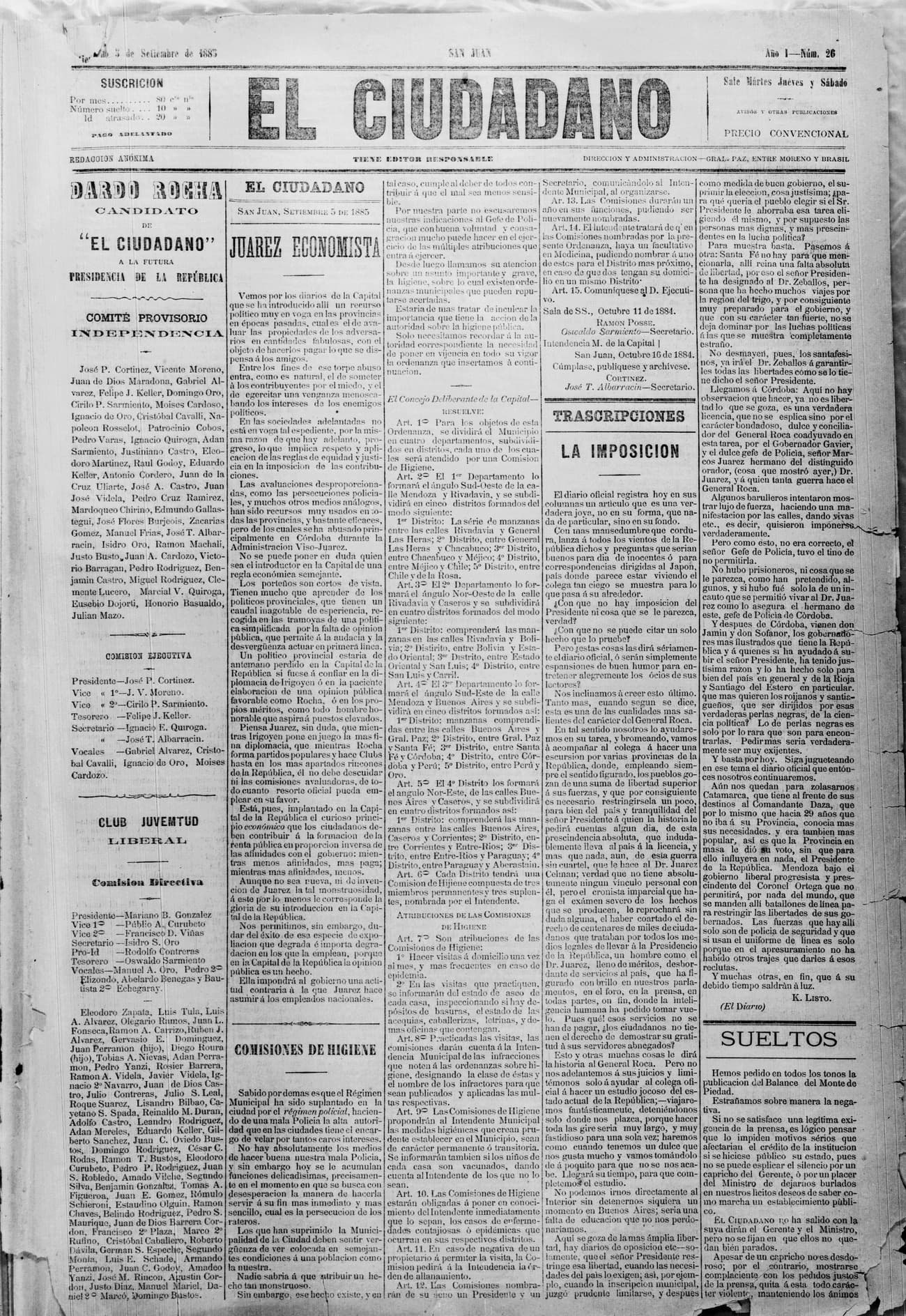 Portada · 5 de Septiembre de 1885