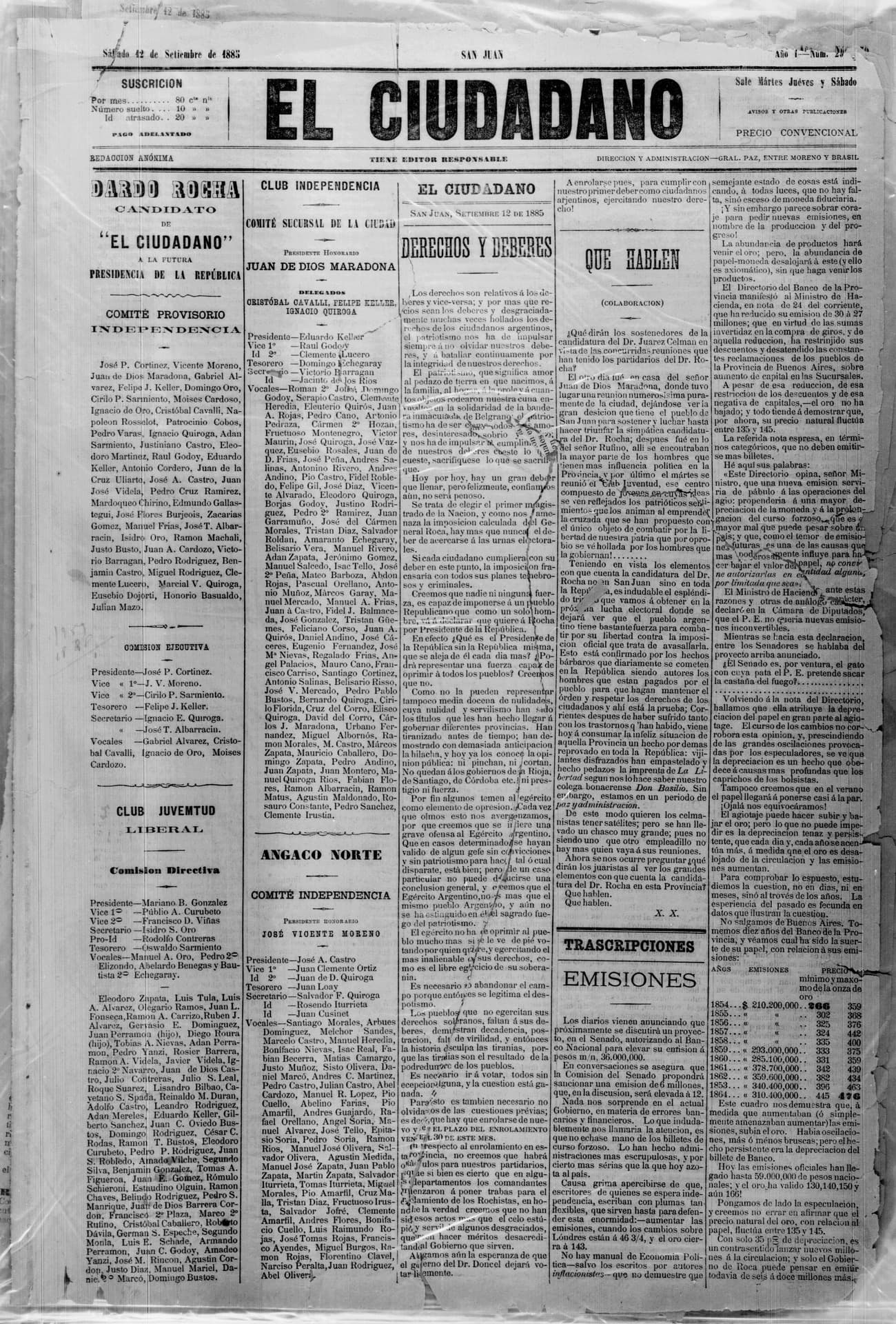 Portada · 12 de Septiembre de 1885