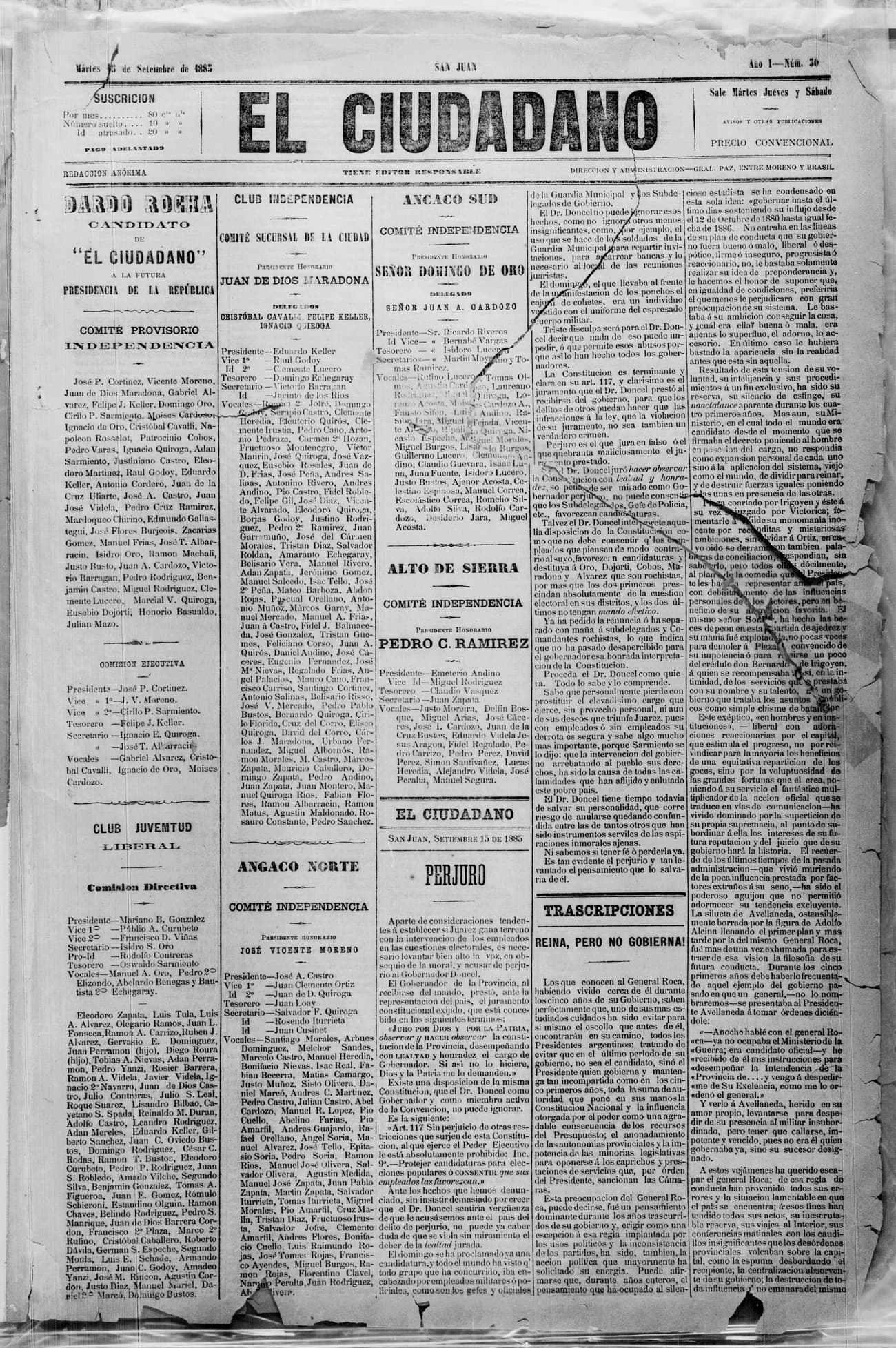 Portada · 15 de Septiembre de 1885