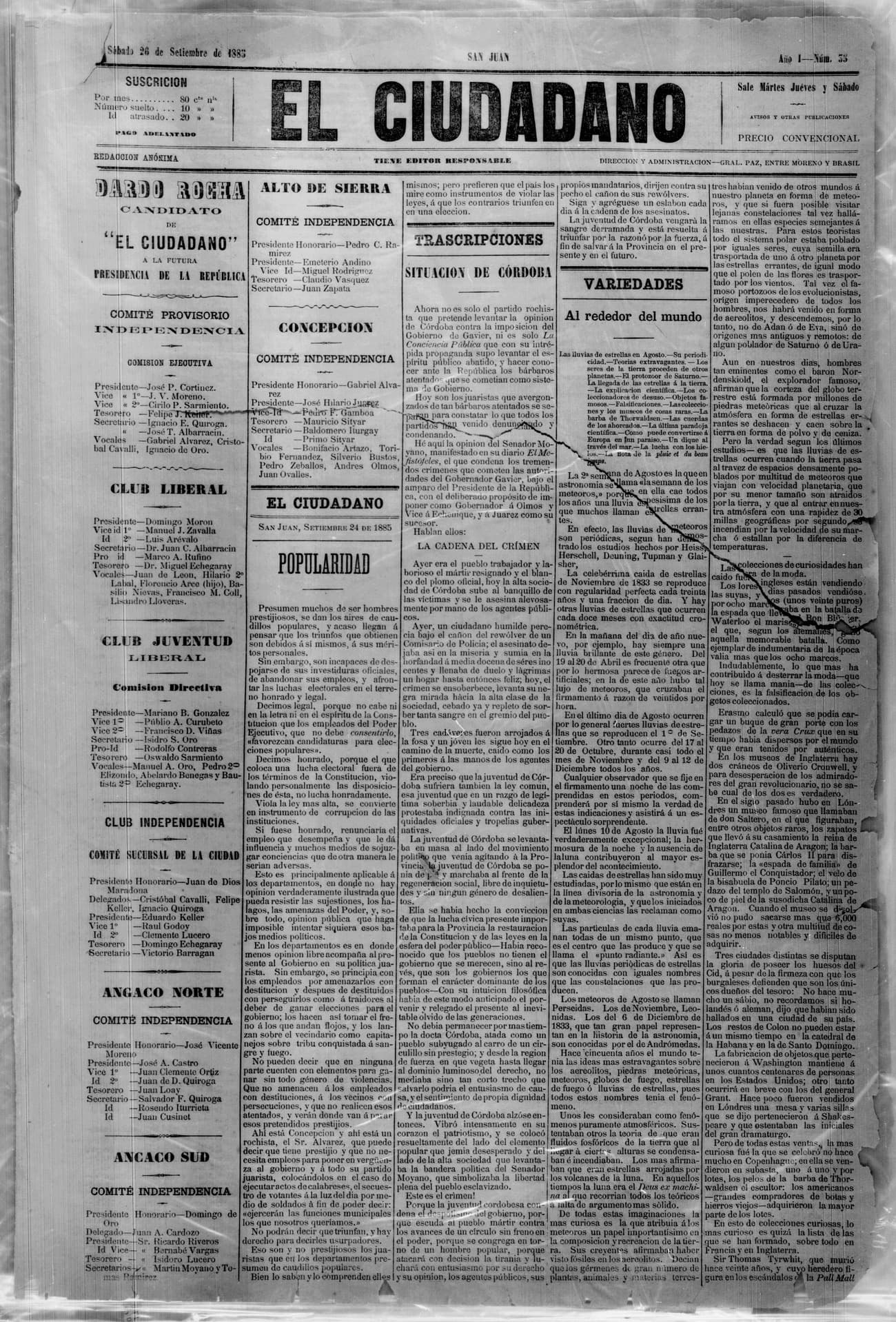 Portada · 26 de Septiembre de 1885
