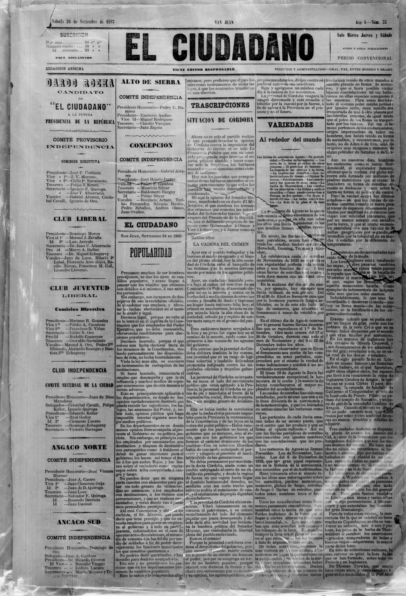 Portada · 26 de Septiembre de 1885