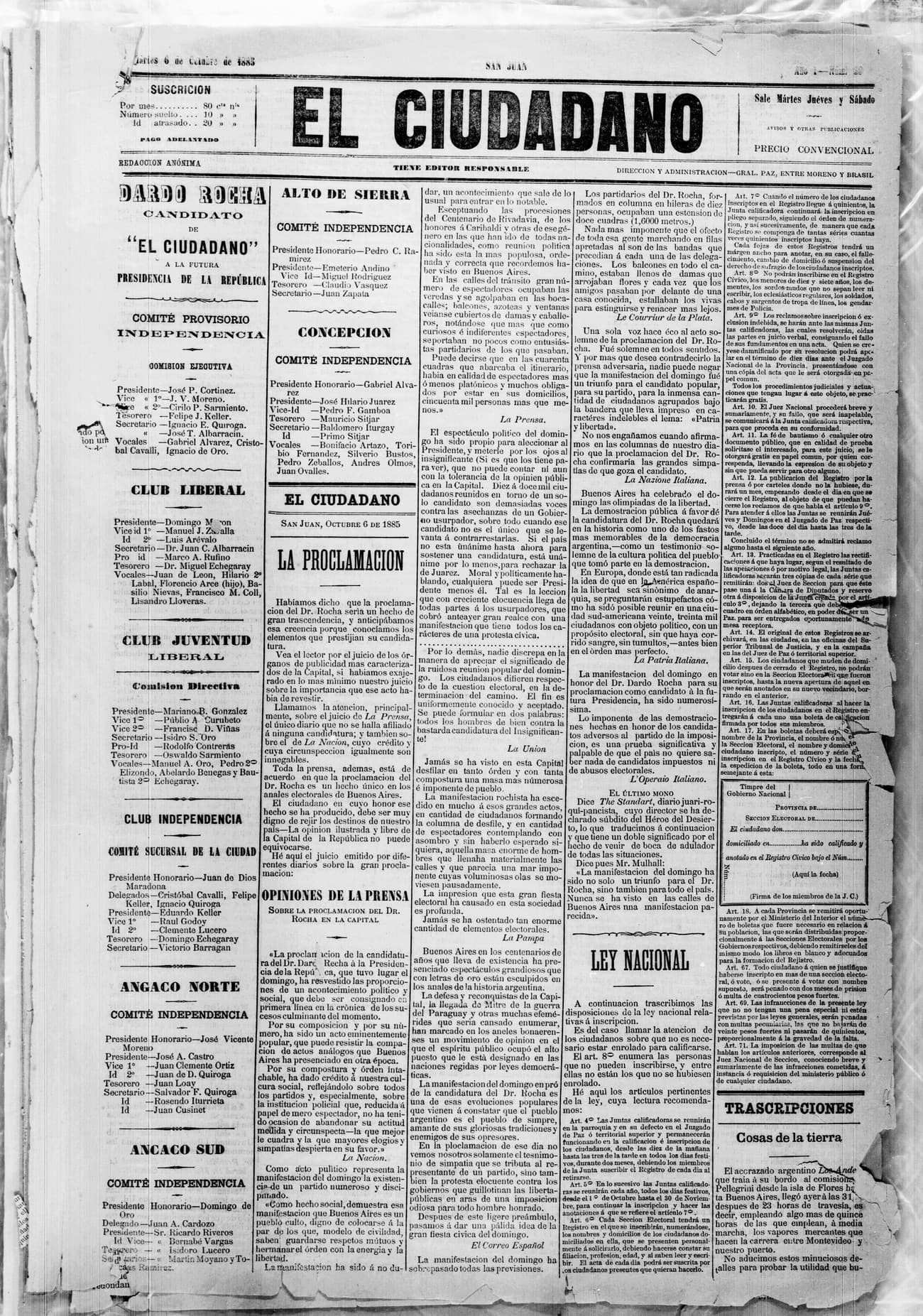 Portada · 6 de Octubre de 1885