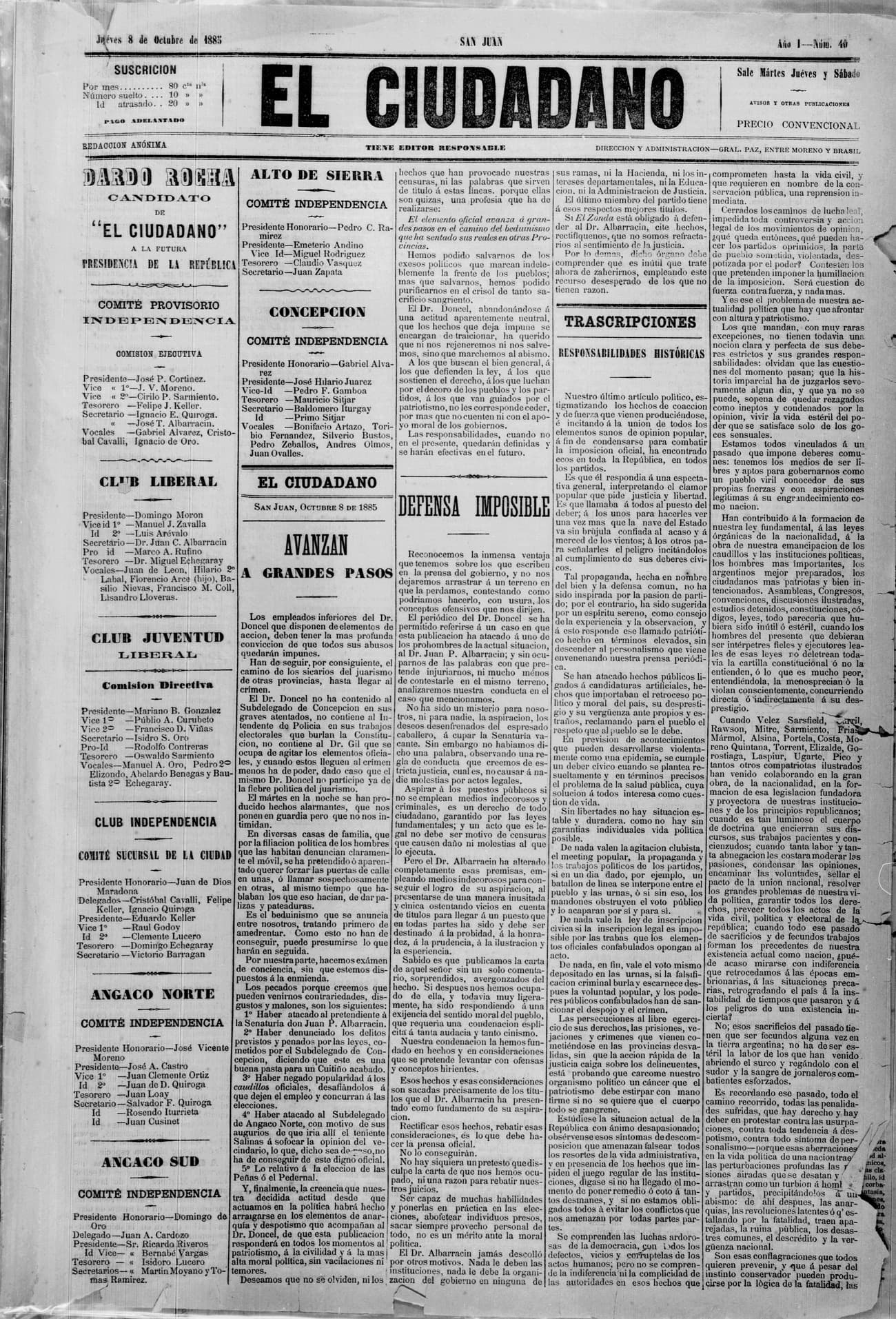 Portada · 8 de Octubre de 1885