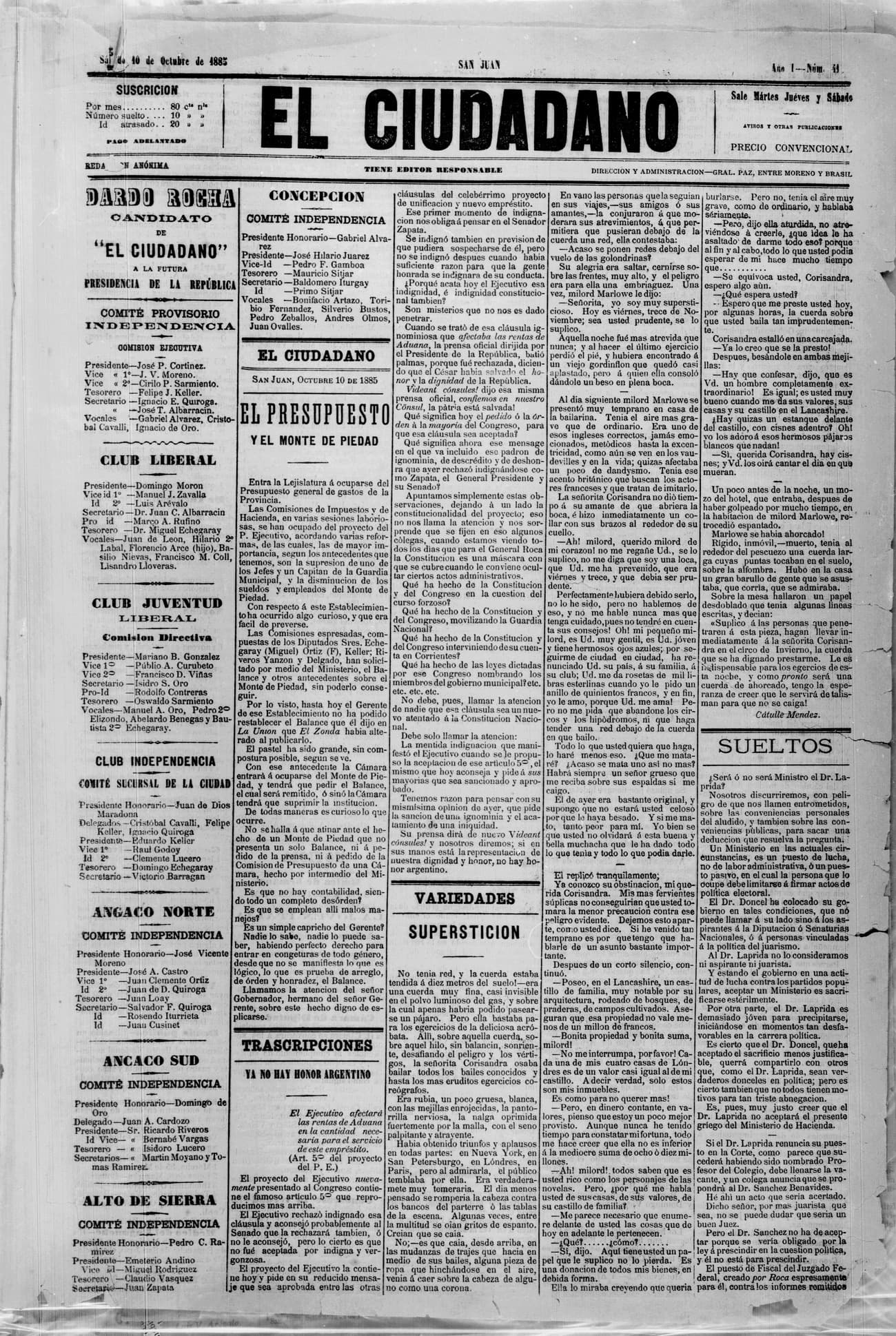 Portada · 10 de Octubre de 1885