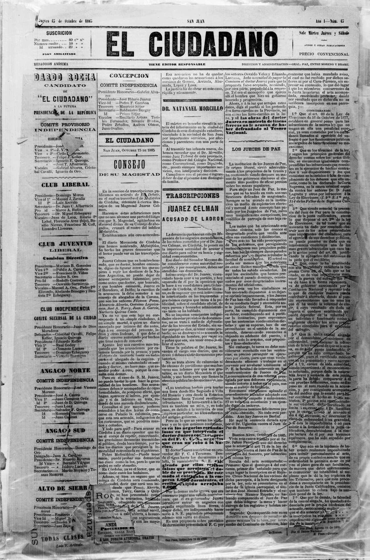 Portada · 15 de Octubre de 1885