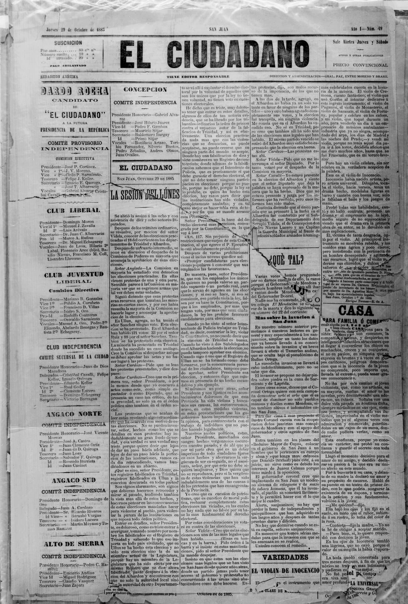 Portada · 29 de Octubre de 1885