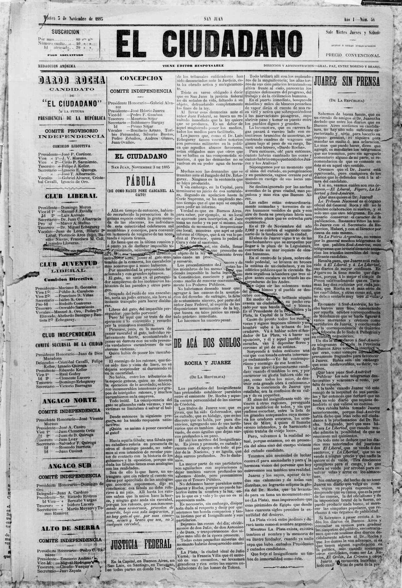 Portada · 3 de Noviembre de 1885