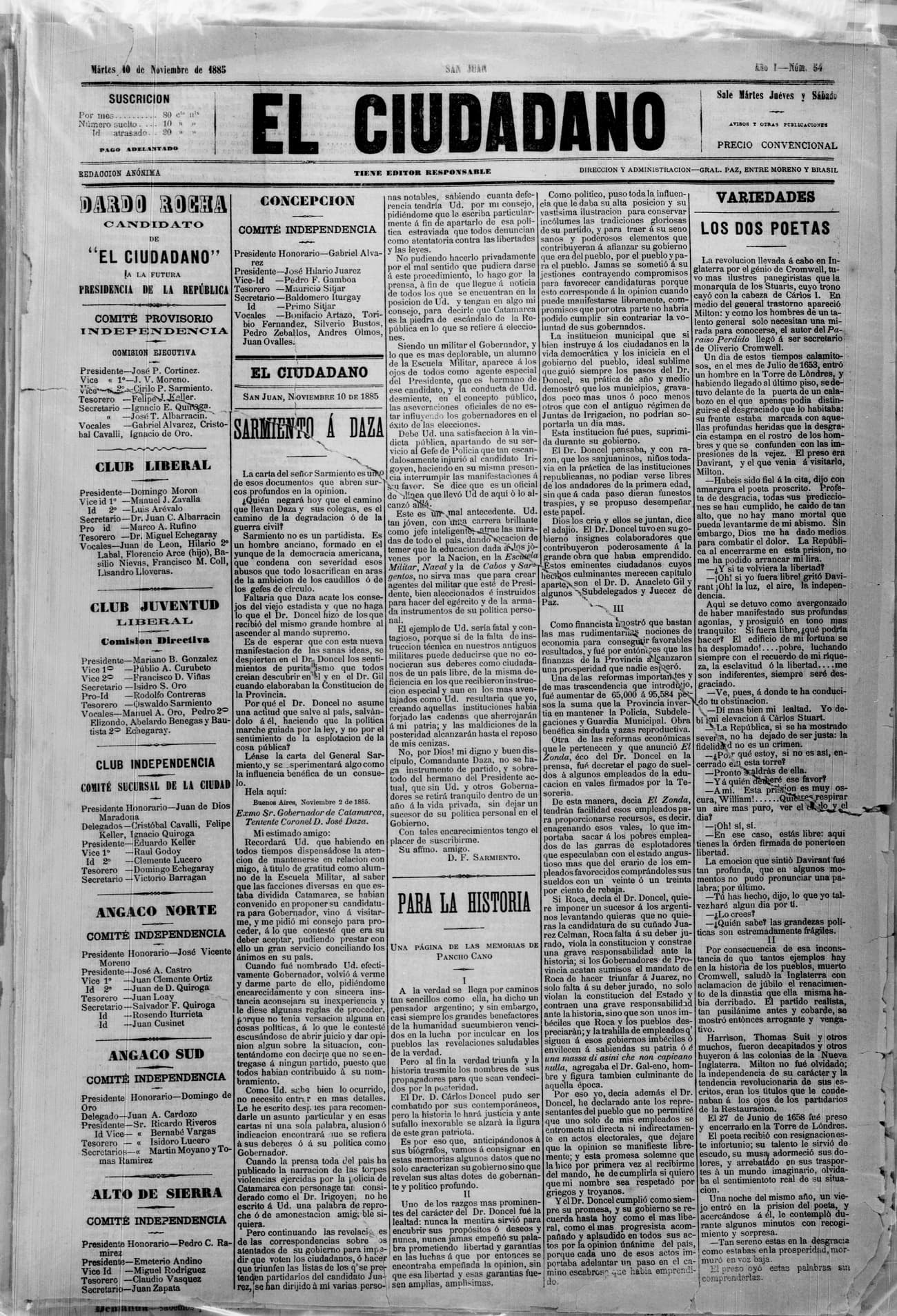 Portada · 10 de Noviembre de 1885