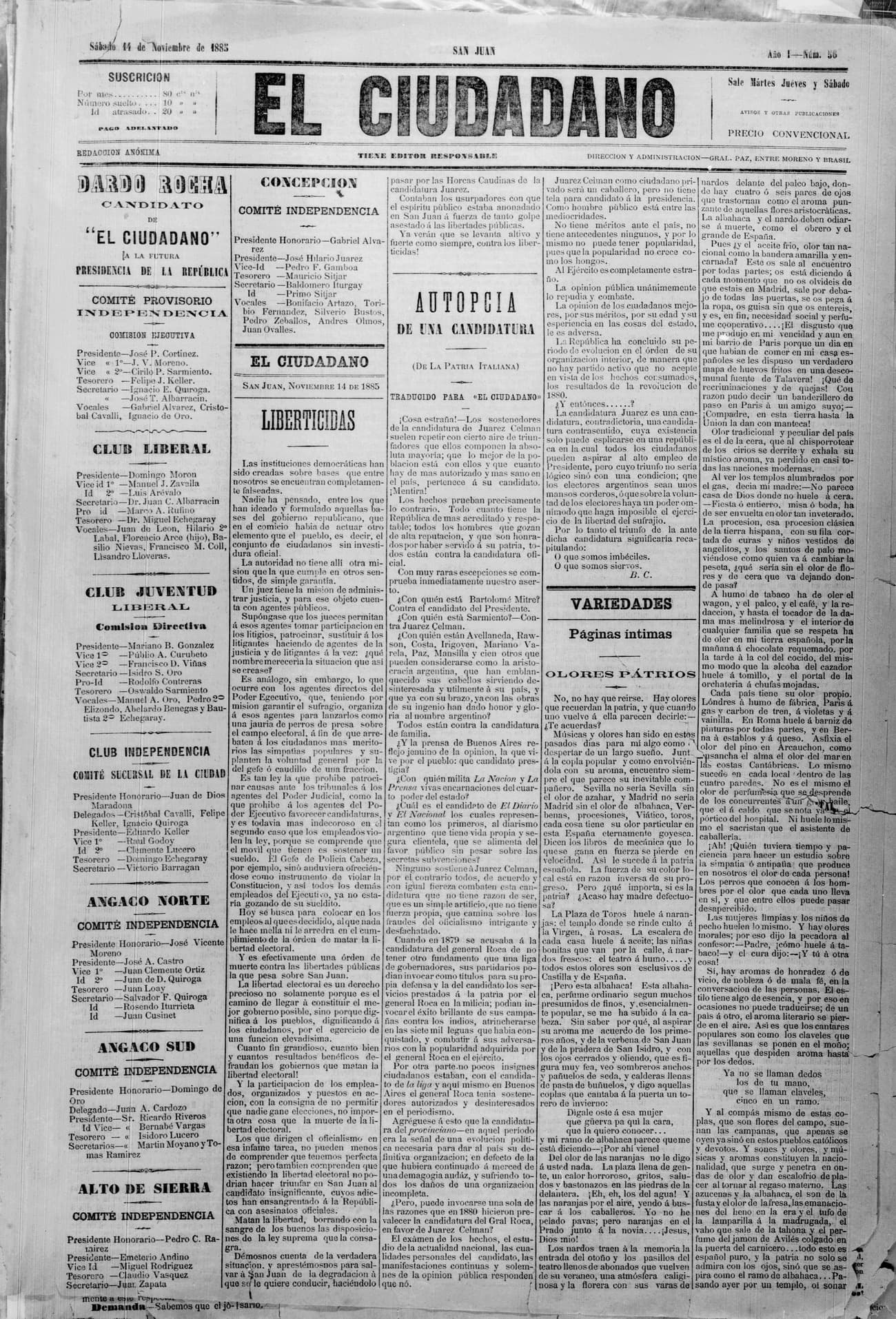 Portada · 14 de Noviembre de 1885