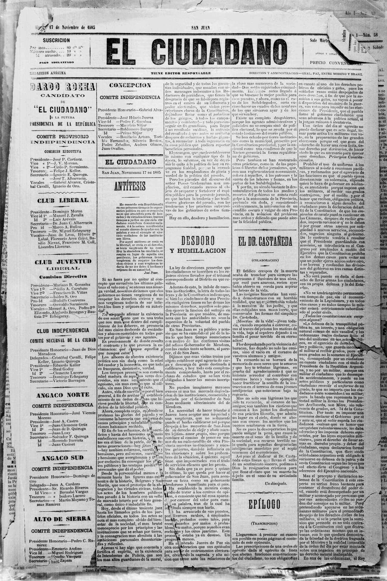 Portada · 17 de Noviembre de 1885